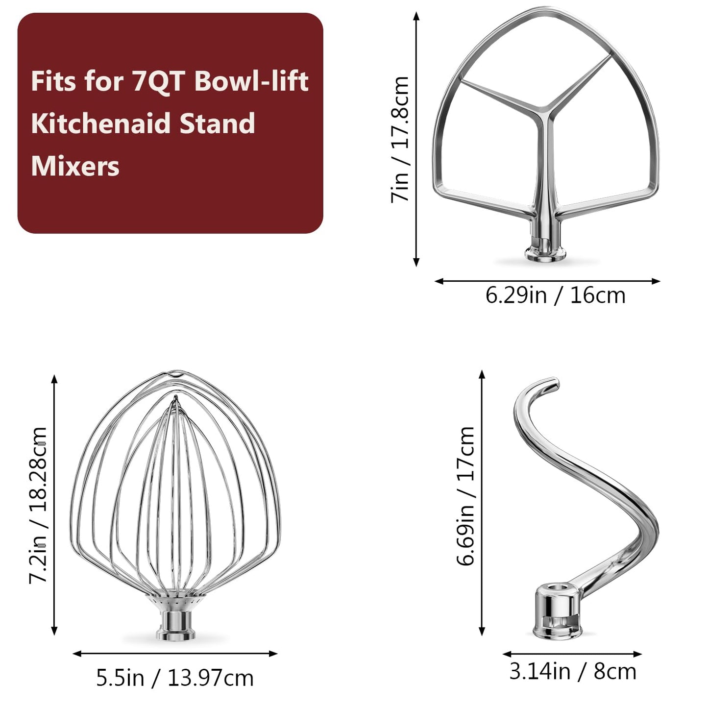 LETOMS 3 Pieces Stainless Steel Attachments (7QT Dough Hook,7QT Wire Whip,7QT Flat Beater Attachment) for KitchenAid Lift Stand Mixer and 7 Quart Bowl, Dishwasher Safe and Heavy Duty