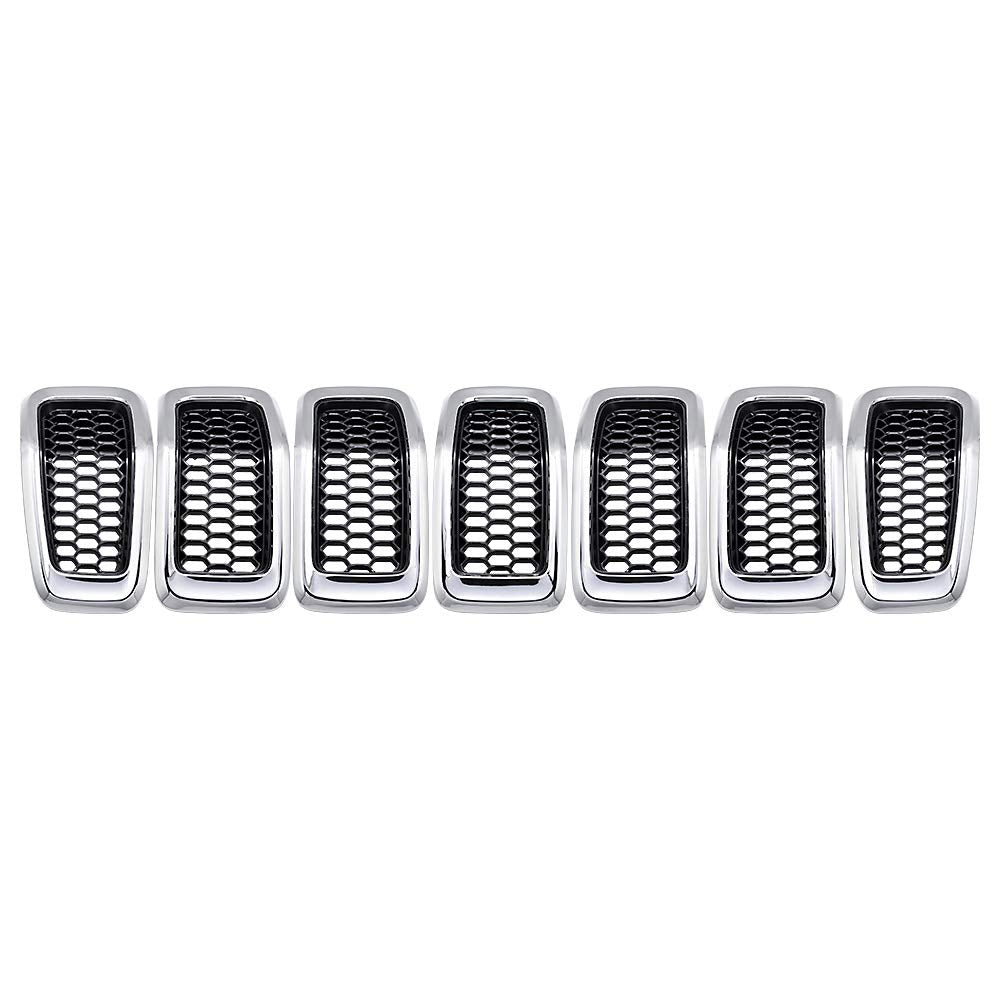 Compatible with 2014-2018 Jeep Cherokee 4-Door Grille Grill Cover Trim Insert Kit 7pcs (Black Mesh Grille + Chrome Moulding Trim)