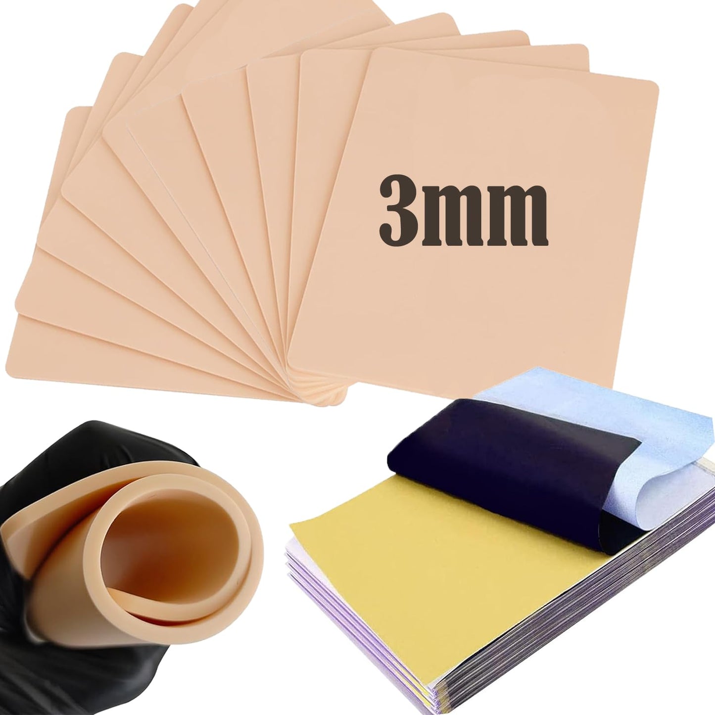 30Pcs Tattoo Skin 3MM with Transfer Paper Kit- Urknall 10pcs Fake Skin with 20pcs Stencil Paper Blank Tattoo Practice Skin Double Sides Fake Skin for Tattoo Beginners and Artists Tattoo Supplies