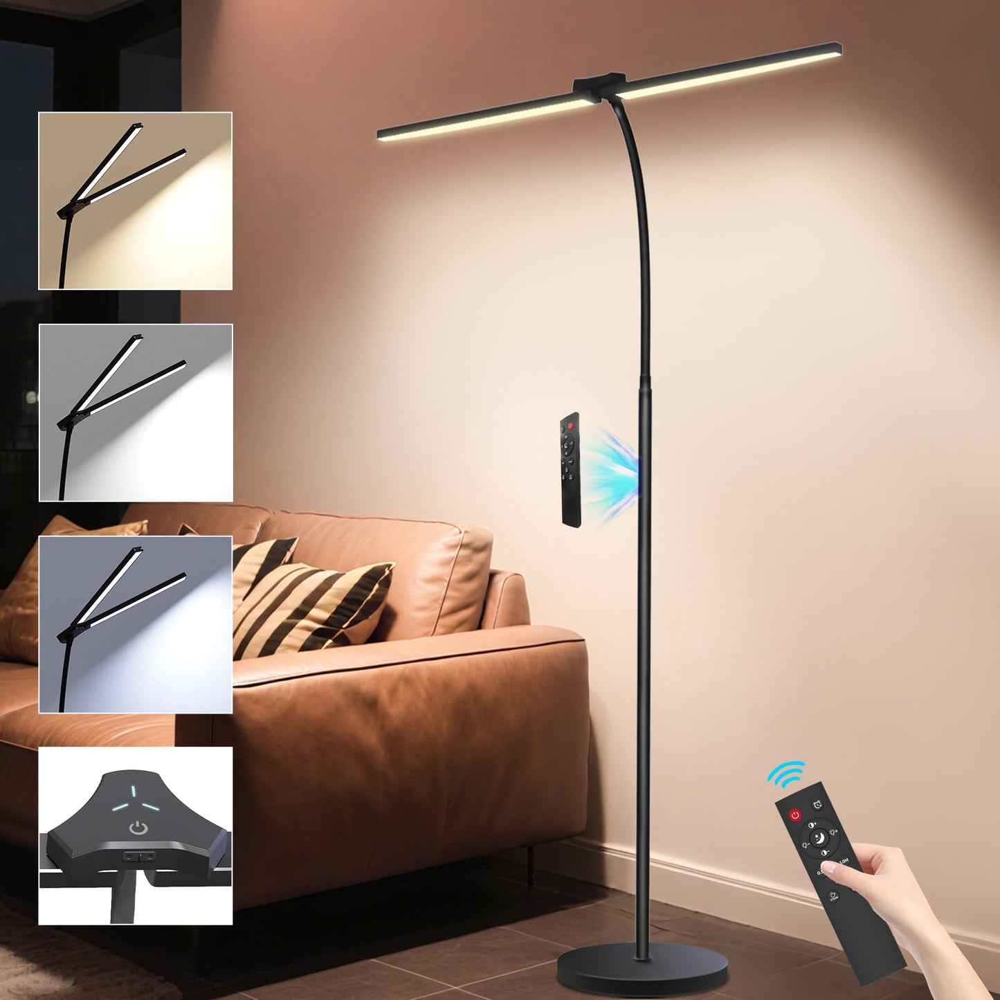 Led Floor Lamp for Office, 24W 2400LM Reading Lamp with Remote, Double Head Adjustable Lash Light, No Glare Floor Standing Task Lamp for Jigsaw Puzzle, Craft, Tattoo, Piano, Sewing, Living Room