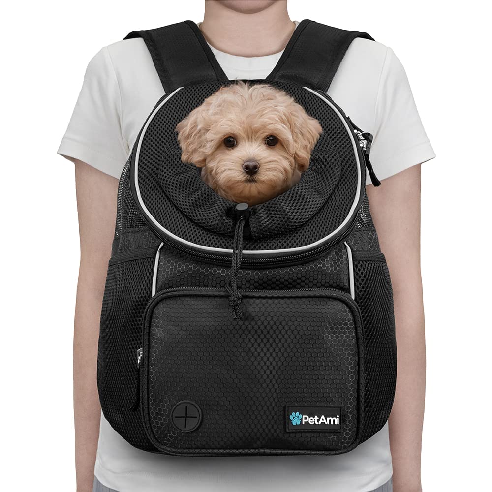 PetAmi Front Carrier Backpack for Dogs and Cats, Adjustable Ventilated Pet Chest Carrier for Hiking, Camping, Travel, Small to Medium Pets, Max 15 lbs, Black