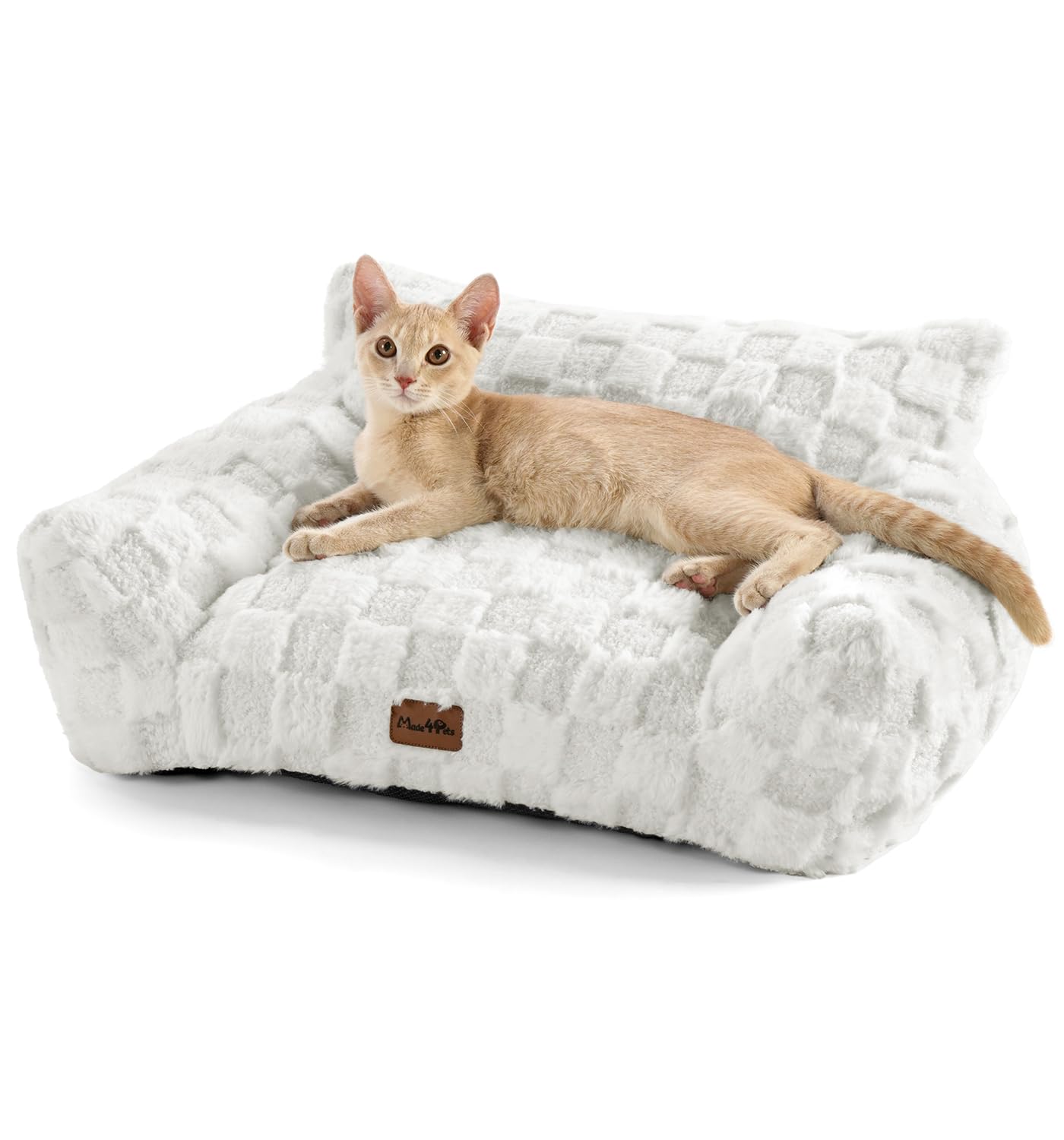 Made4Pets Cat Beds for Indoor Cats Washable Small Dog Bed for Small Cat/Dog with Non-Slip Bottom Pet Couch Sofa Fluffy 26×20×10 Inch Up to 15lbs-White
