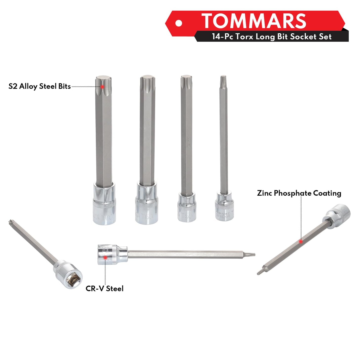 TOMMARS 14-PC Long Torx Bit Socket Set, S2 Alloy Steel Star Socket Set T10-T70