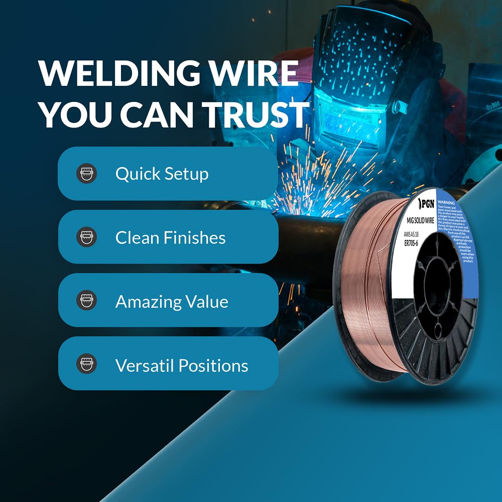 PGN Solid MIG Welding Wire - ER70S-6 .035 Inch - 10 Pound Spool - Mild Steel MIG Wire with Low Splatter and High Levels of Deoxidizers - For All Position Gas Welding