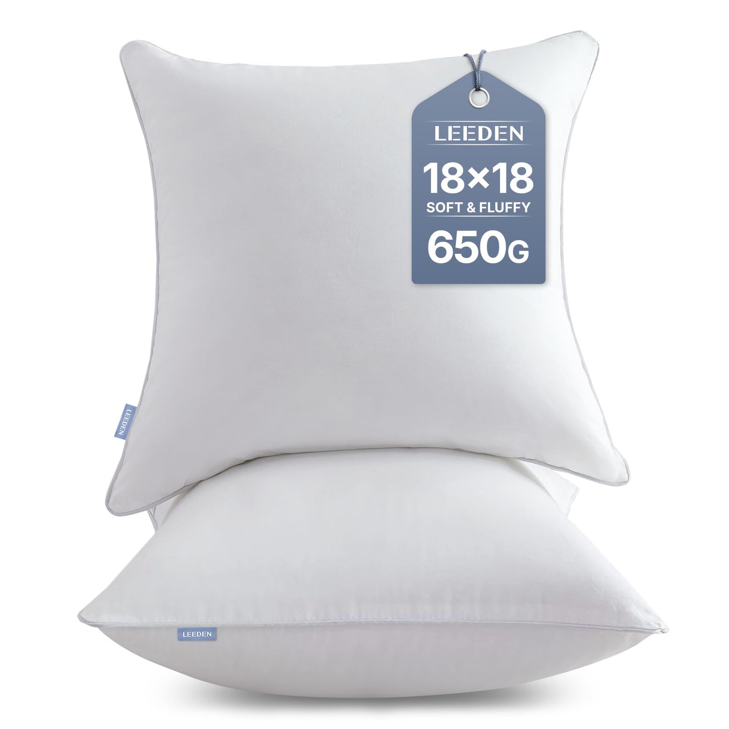 Leeden 18 x 18 Pillow Inserts (Set of 2) - Throw Pillow Inserts with 100% Cotton Cover - 18 Inch Square Interior Sofa Pillow Inserts - Decorative Pillow Insert Pair - White Couch Pillow