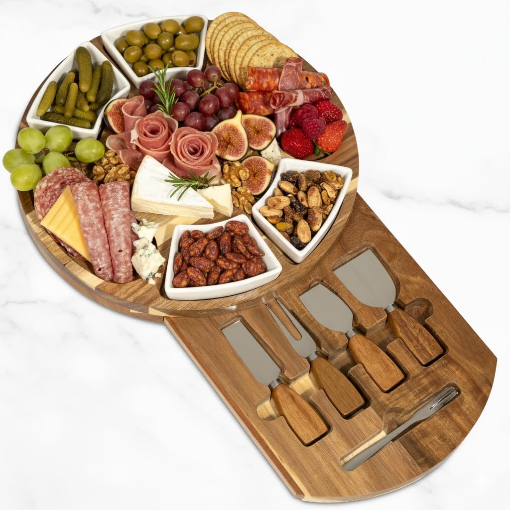 Acacia Cheese Board & Charcuterie Set with Ceramic Bowls – Premium Serving Board for Parties, Weddings, Christmas & Housewarming Gifts (Plain – No Engraving)