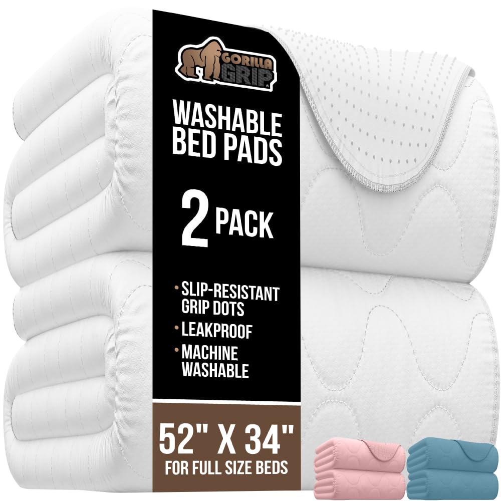 GORILLA GRIP Washable Bed Pads for Incontinence, Leak Proof Slip Resistant Pee Pad Protector, 52x34, Absorbs 8 Cups, Soft Mattress Protection Chux for Enuresis Bedwetting, Adults, Elderly, Kid, 2 Pack