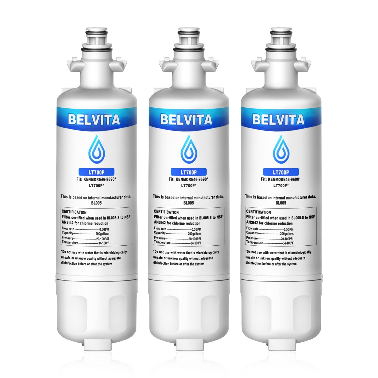 BELVITA LGLT700P Refrigerator Water Filter Compatible with LG LT700P, Kenmore 9690, LG ADQ36006101, ADQ36006102,WSL-3, LFX31945ST,LFX31925ST,LFXS30766S,LFXC24726D,LFXS24623S,LFXC24726S,RWF1200A, 3Pack