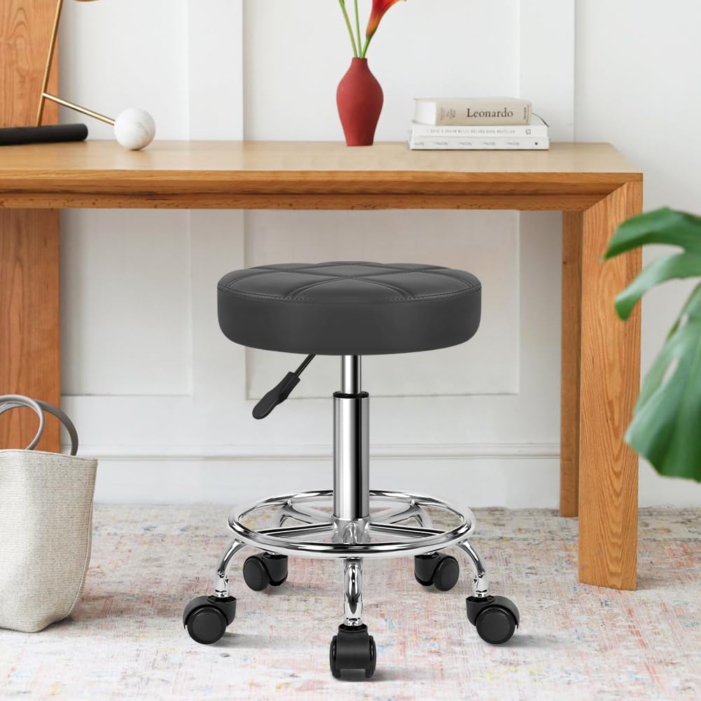 WKWKER Round Rolling Stool with Footrest PU Leather Height Adjustable 360° Swivel Stool with Wheels Office Stool Chair Home Drafting Work Studio Shop SPA Salon Small (Grey)
