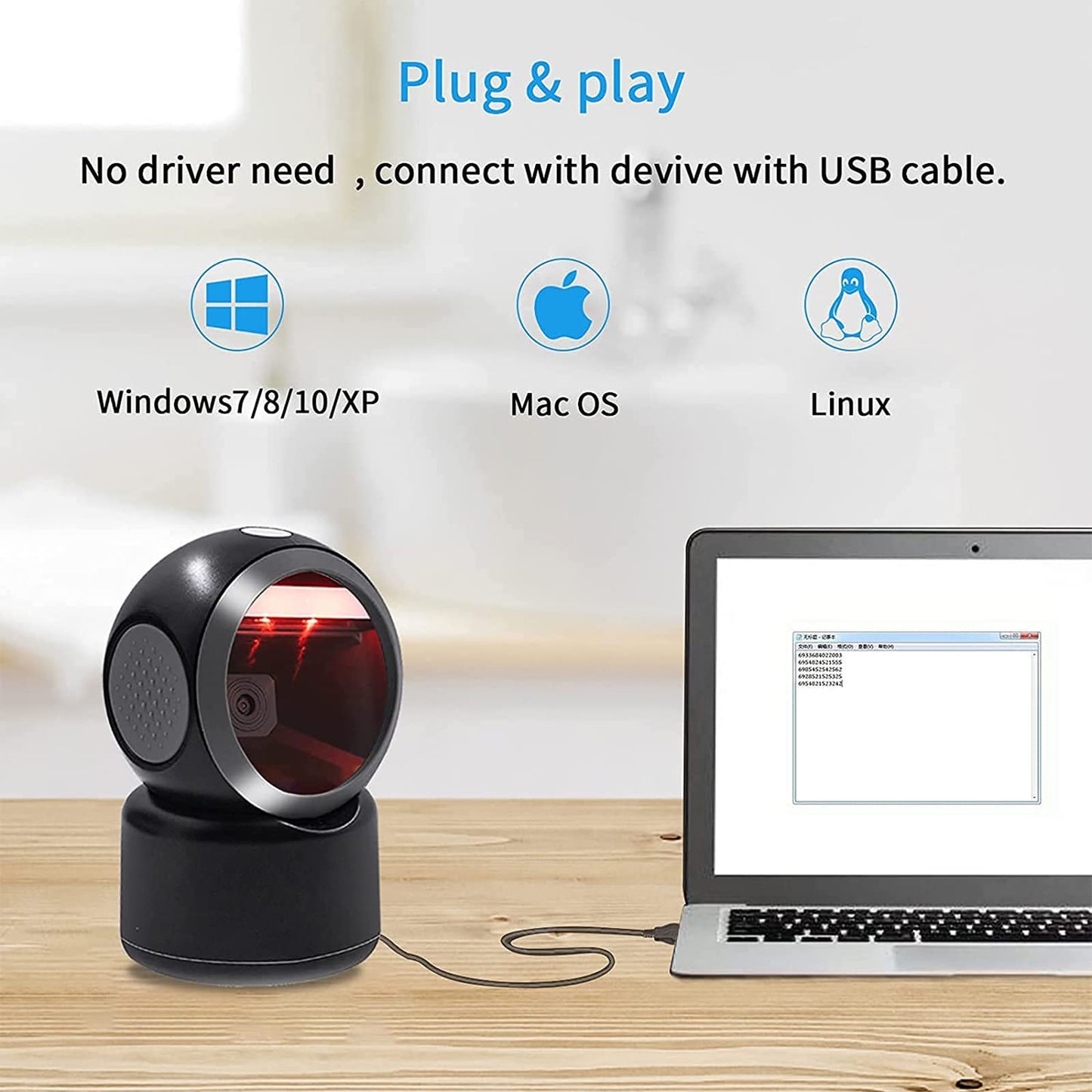 2D QR Barcode Scanner Omnidirectional Hands-Free Automatic Barcode Reader for Mobile Payment Computer Screen ScanMeters