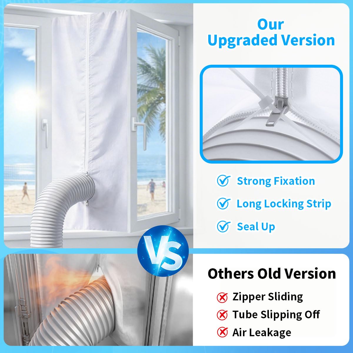 Gruntbear Portable Air Conditioner Window Seal, 500CM (197'') AC Casement Window Seal Kit, Hot Air Stop Air Exchange Guards with Zip and Adhesive Fastener Works with Tumble Dryer, Keep House Cool