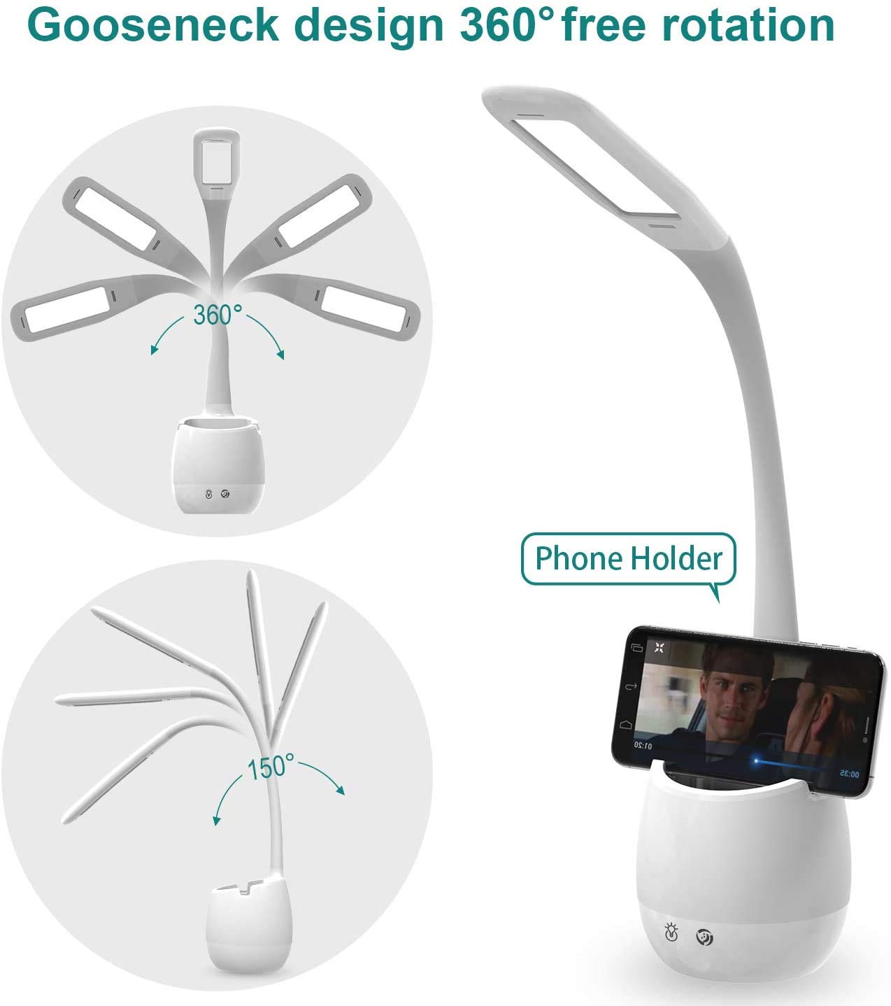 Rechargeable LED Desk Lamp with Pen Holder, ERAY Dimmable Flexible Gooseneck Bedside Table Lamp with Color Night Light, Eye-Caring Kids Pupil Student Reading Study Light for Home Office（White)
