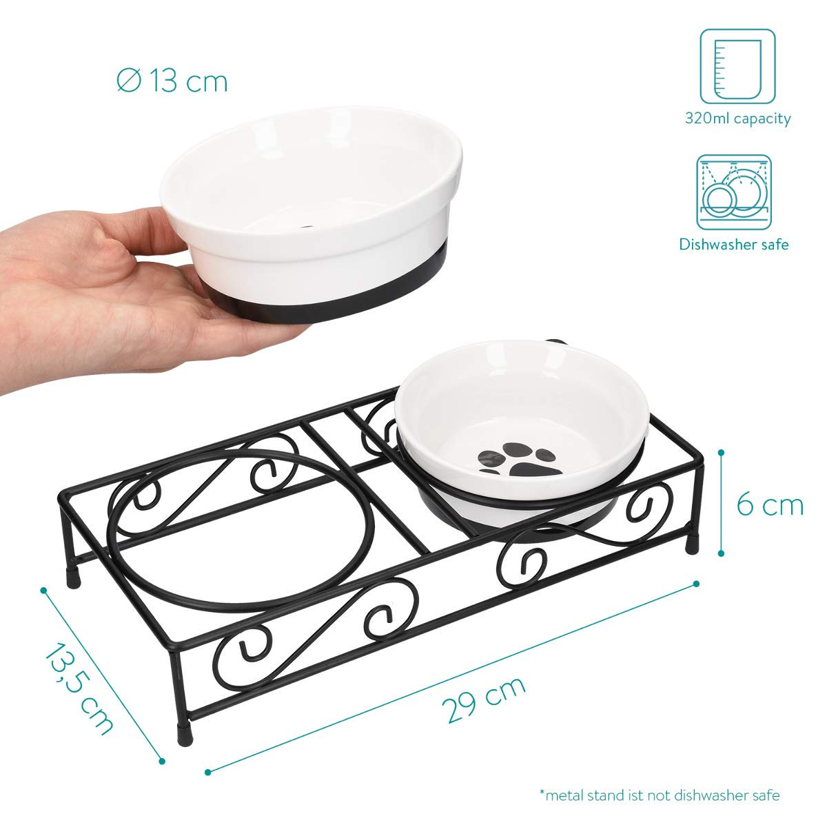 Navaris Ceramic Pet Bowl Set - Food Water Bowls for Cats, Small Dogs and Puppies with Non-Slip Retro Metal Stand - Set of Bowls, 10.8 oz Each