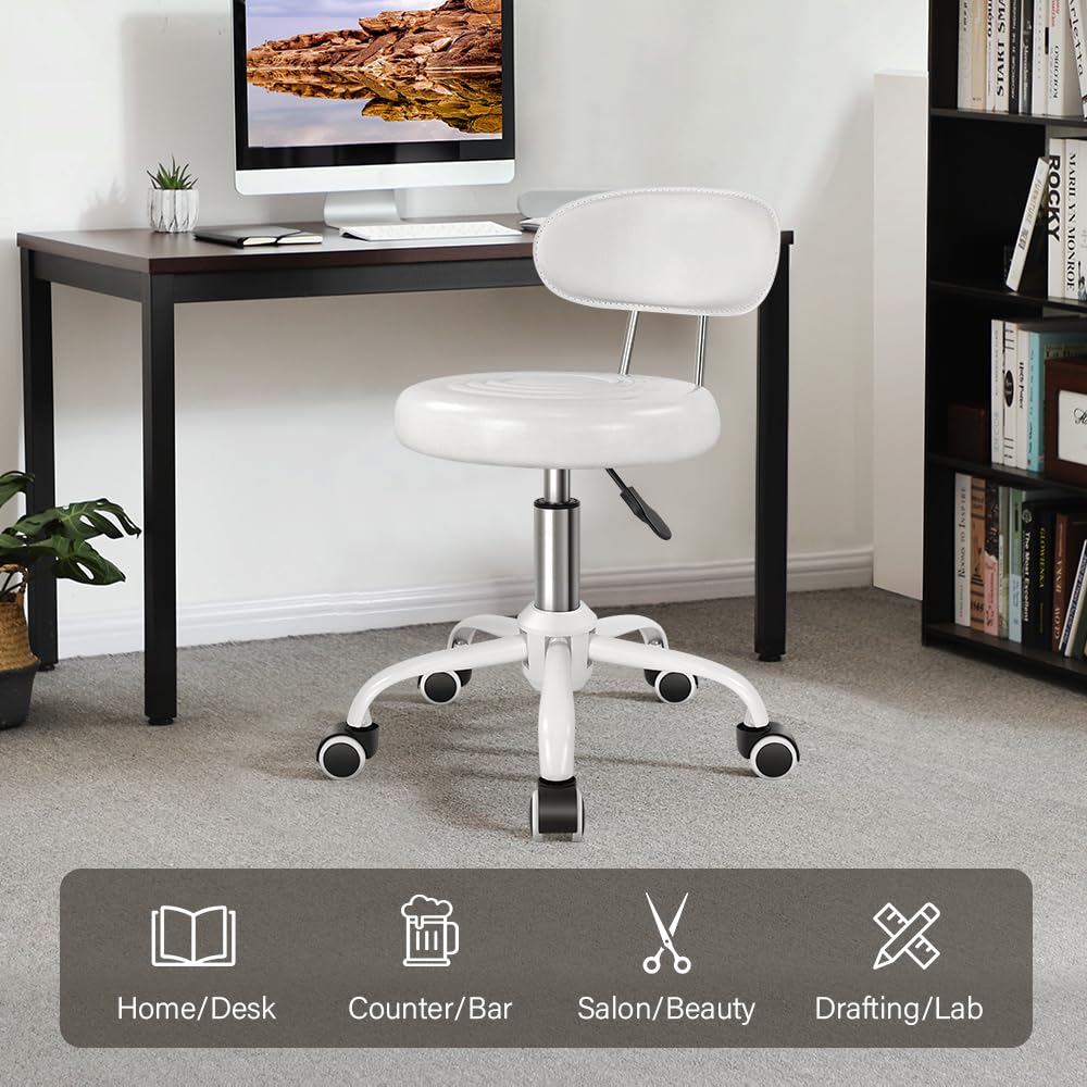 WKWKER Rolling Stool with Wheels Swivel Stool with Back Height Adjustable Chair Ideal for SPA Salon Home Office Drafting Work (White)