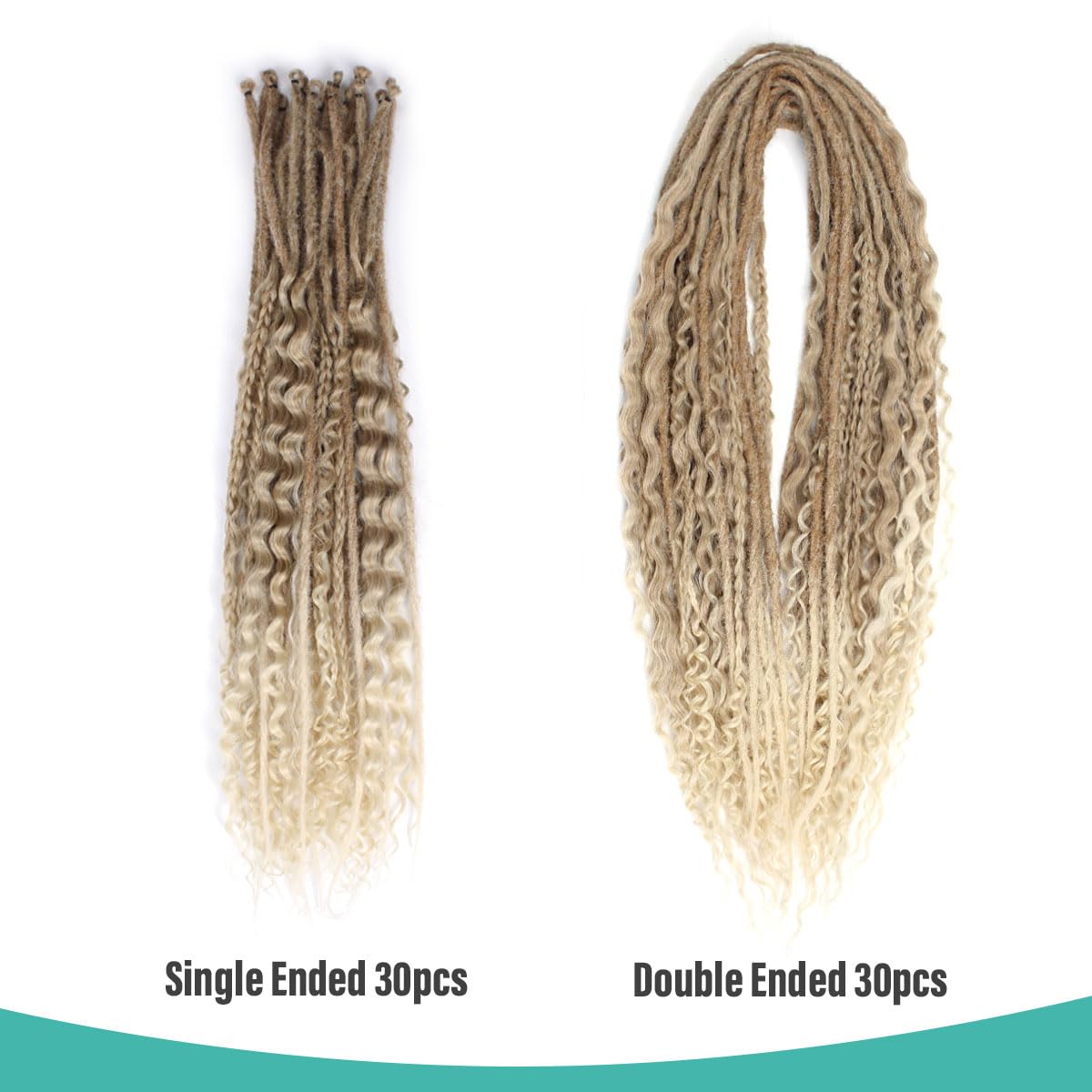 Pouweney 24 Inch 3 In 1 Dreadlock Extensions Sets, 30 Strands Mixed Brown to Blonde Synthetic SE Dreads Extensions, 100% Handmade Soft Single Ended Curly Boho Wavy Dreads for Girls