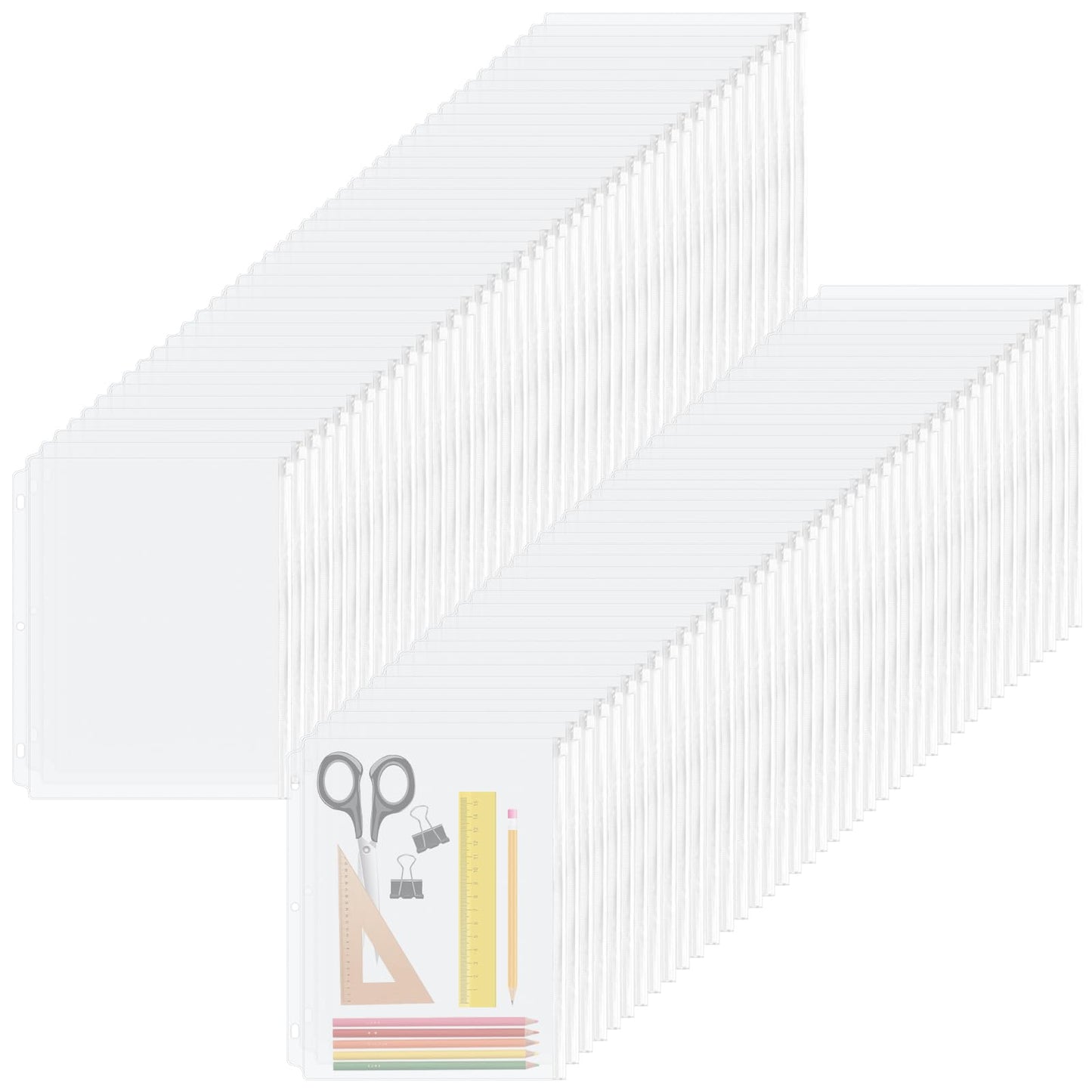 YoeeJob 3 Holes Clear PVC Zipper Binder Pocket Insert Pages Letter Size, 8 1/2"x 11 Loose Leaf Binder Filing Storage Bags 80 Per Pack