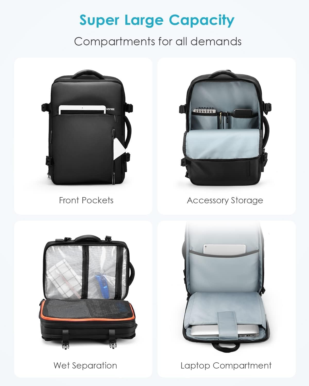 HOMIEE Travel Backpack 40L Expandable Carry on Flight Approved Cabin Bag Business Laptop Backpack Fits 15.6" Waterproof Weekender Backpack with USB Port & Wet Pocket for Men Women Black