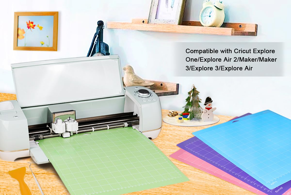 Weliu 12x12 Inch Cutting Mats for Cricut (12 Pack) - Standard/Light/Strong/Fabric Grip - Includes Bonus Hook & Scraper - Compatible with Cricut Maker 3/Maker/Explore 3/Air 2/Air/One & Silhouette