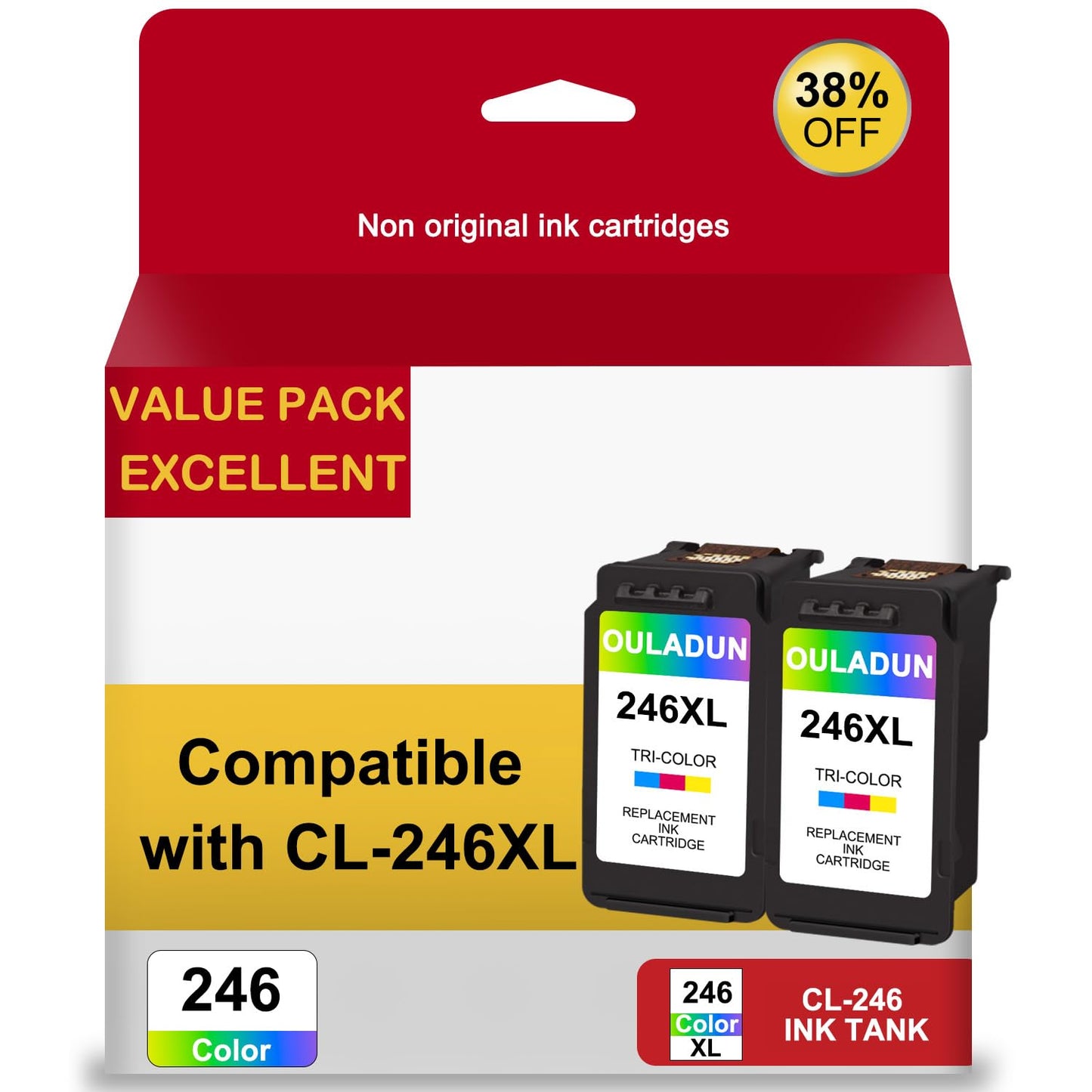 246XL Color Ink Cartridge Remanufactured for Canon CL-246XL 246XL Combo Pack Works with Canon MX490 MX492 TR4520 TR4522 MG2500 MG2522 TS3100 TR4500 (2 Tri-Color)