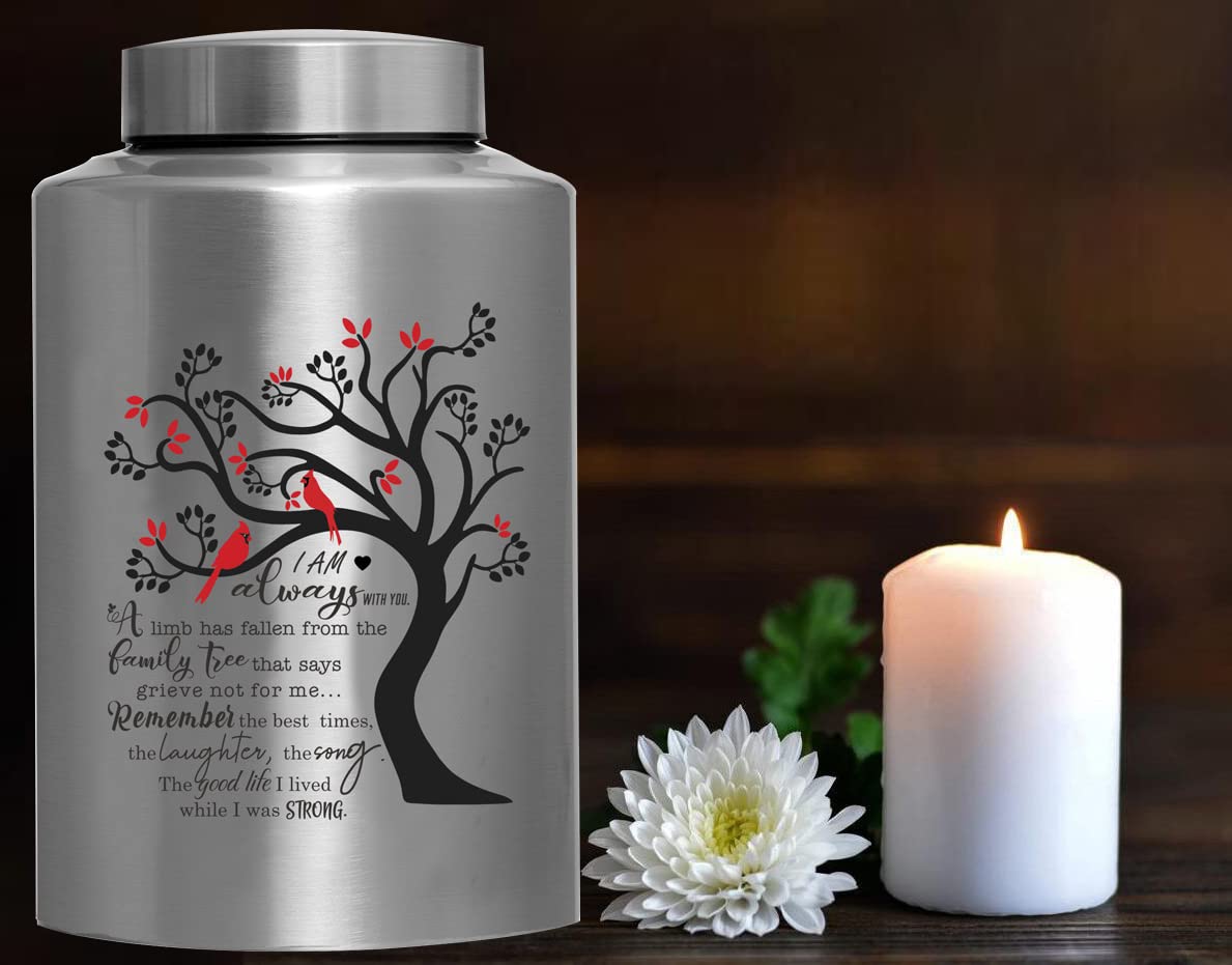 Cremation Urn for Human Ashes - Large Decorative Funeral Burial Keepsake for Male Female up to 220 lbs - Hummingbird Tree of Life Stainless Steel With Velvet Bag