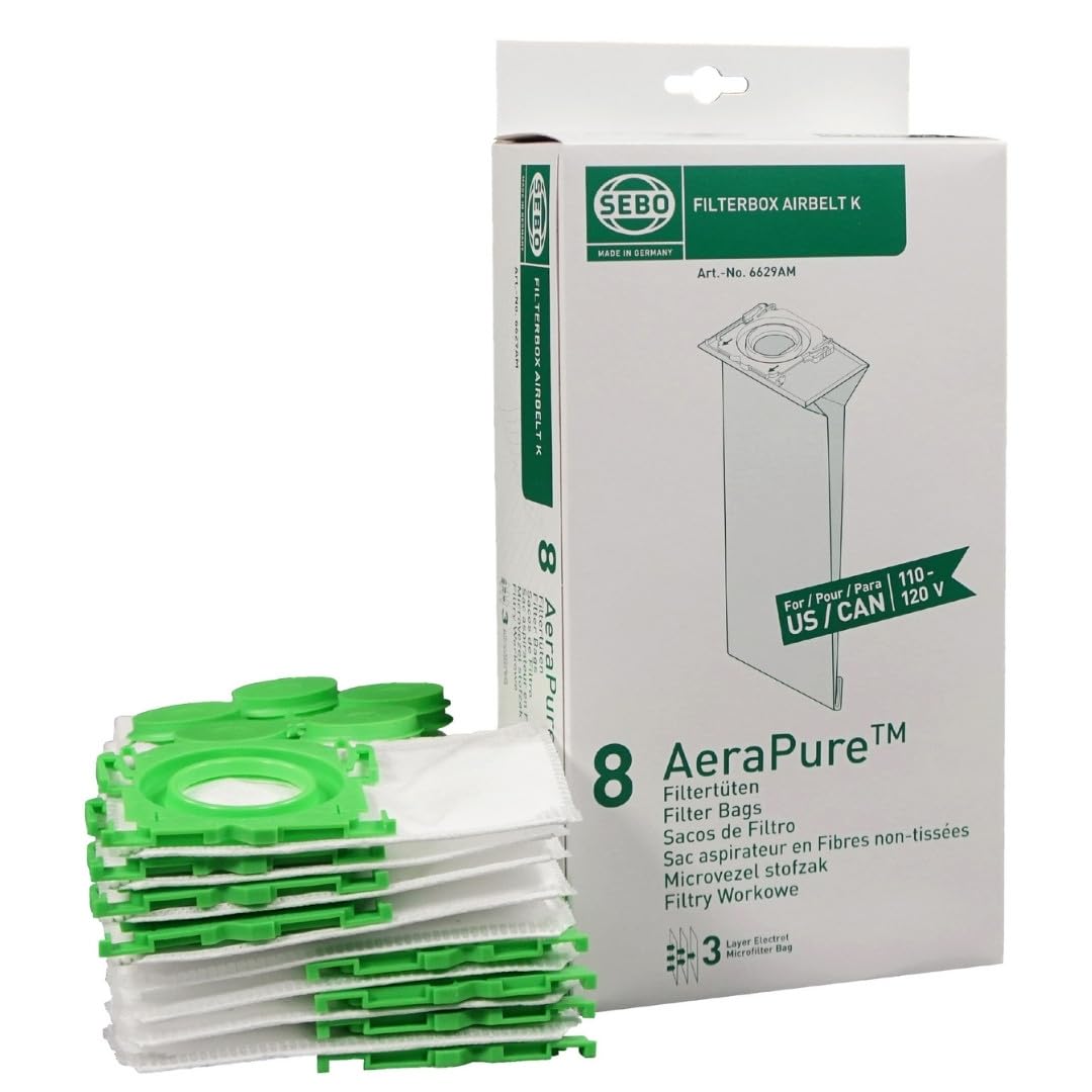 SEBO Official Airbelt K2 and K3 AeraPure Vacuum Bags, 8 Pack, Green Box - Only Compatible with K2 Kombi/Turbo, and K3 Premium Vacuum Models in Canada