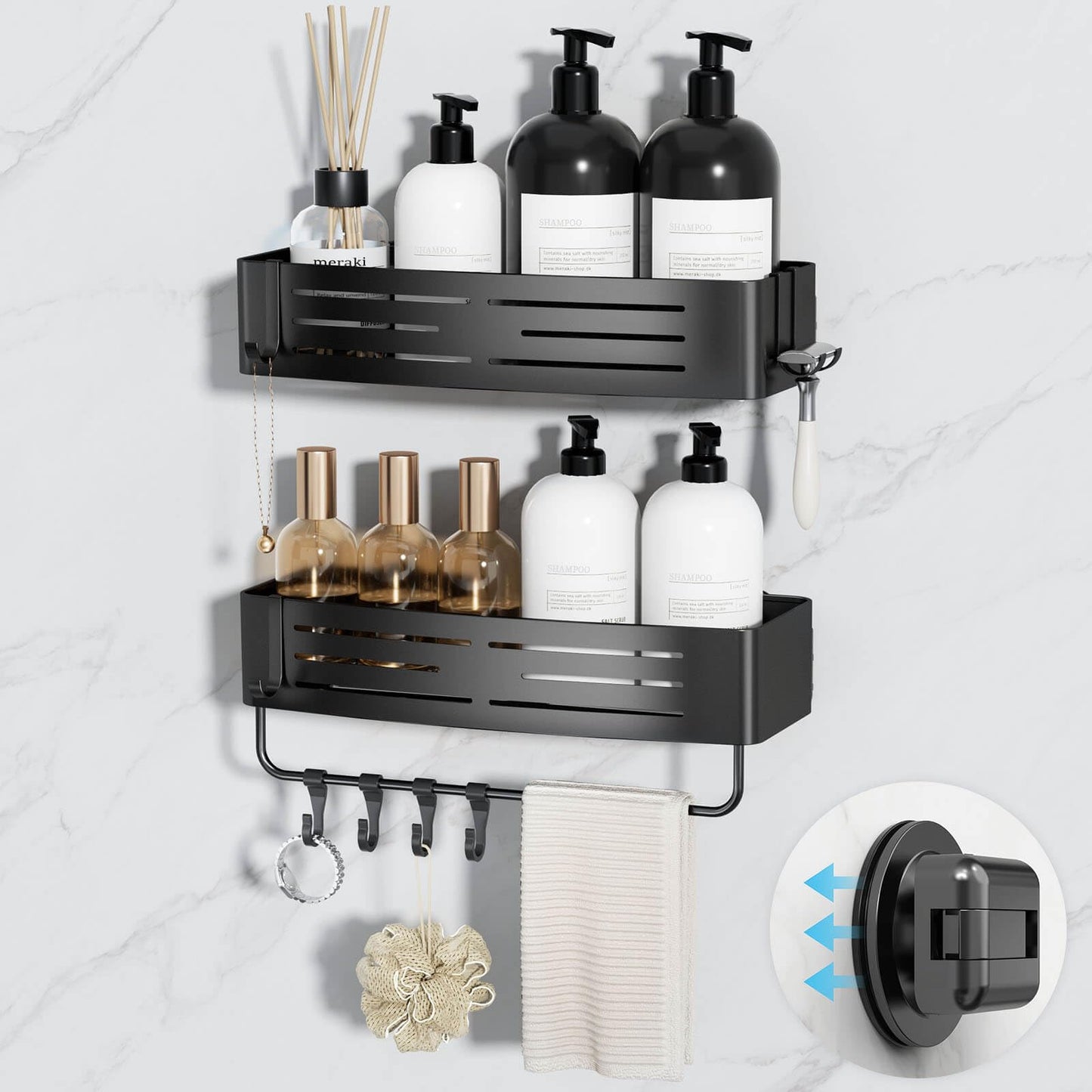 Suction Cup Shower Caddy, 2-Pack Shelf Organizer for Bathroom, Bathroom Suction Shelves with Portable Hooks, Shower Caddies Corner with Towel Bar,Matte Black