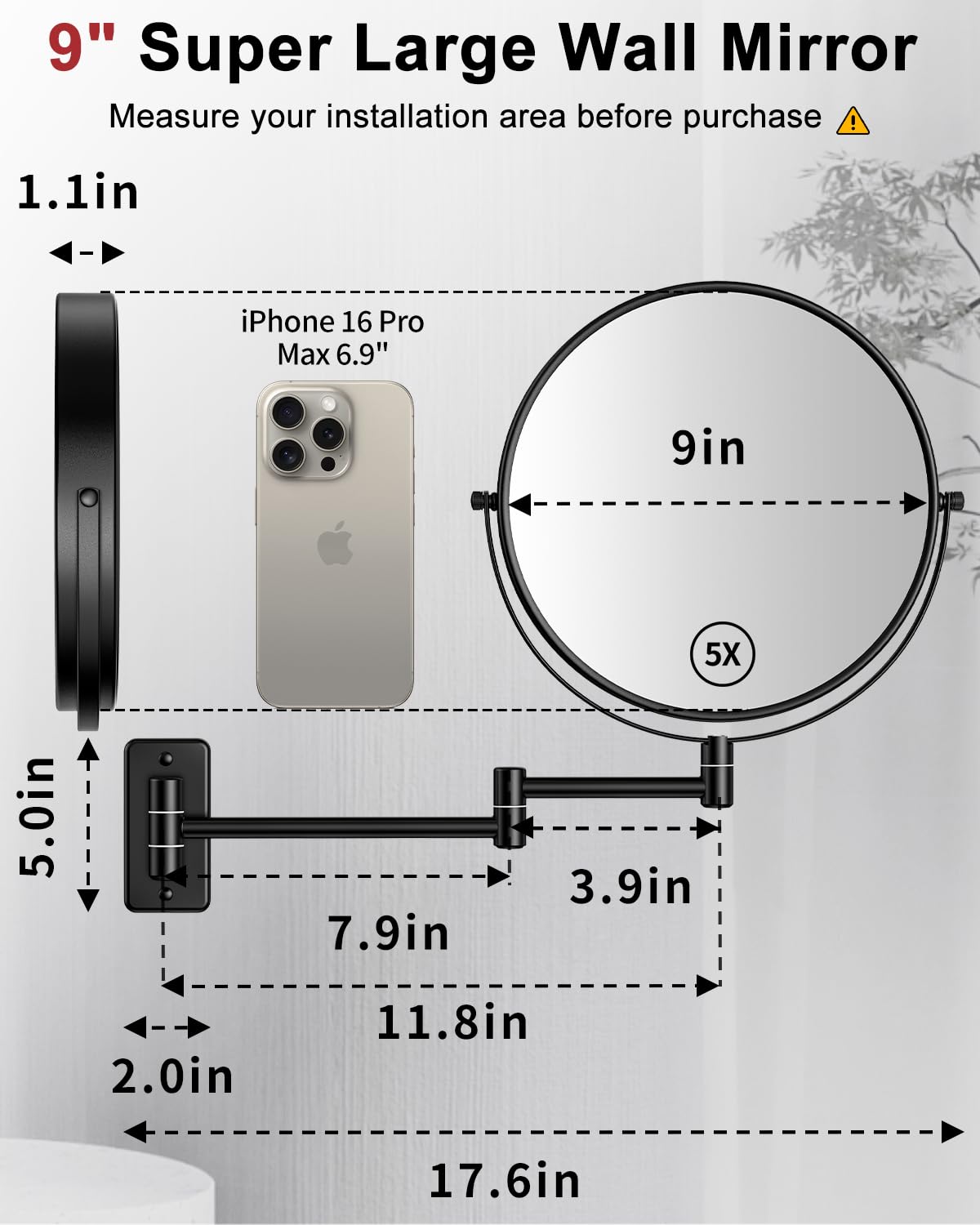 Gospire 9" Large Size Wall Mount Makeup Mirror with 1X/10X Magnification Double-Sided 360° Swivel Vanity Mirror，Black Polished Extendable Shaving Bathroom Wall Cosmetic Mirror for Men and Women