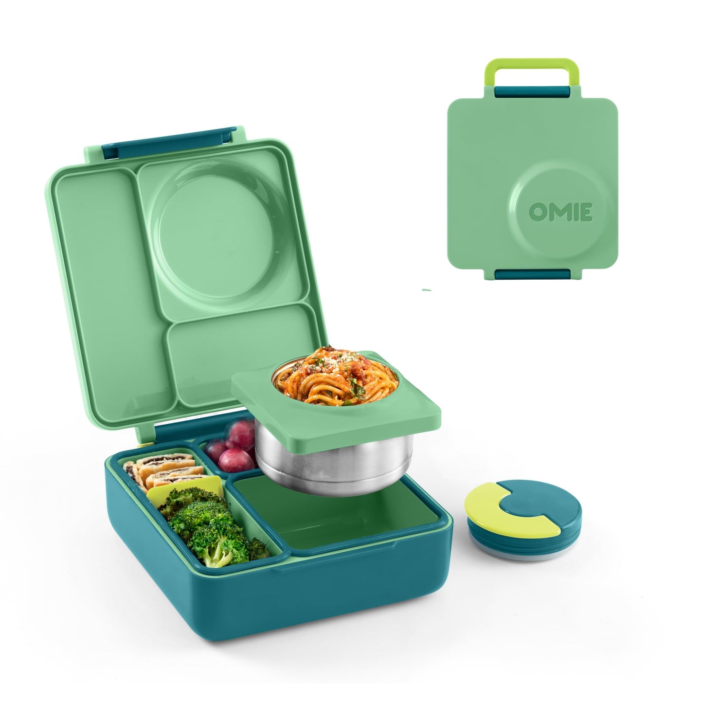 Omie OmieBox Bento Box for Kids - Insulated Lunch Box with Leak Proof Food Jar - 3 Compartments, 2 Temperature Zones - (Meadow)