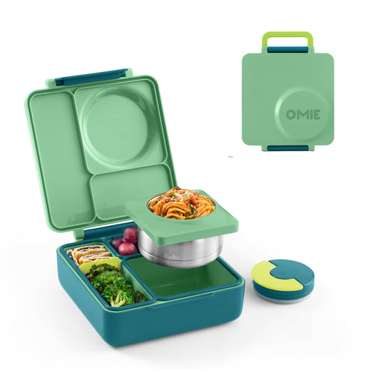 Omie OmieBox Bento Box for Kids - Insulated Lunch Box with Leak Proof Food Jar - 3 Compartments, 2 Temperature Zones - (Meadow)