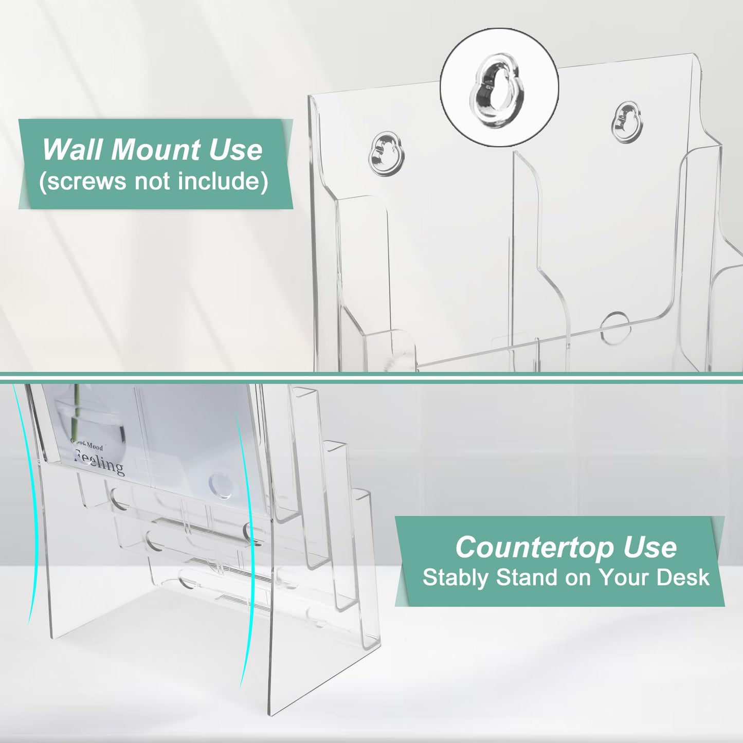 Acrylic Brochure Holder 8.5 x 11 inches, 4 Tier Clear Brochure Display Stand with Removable Divider for Trifold 4 Inches Wide Pamphlet, Plastic Flyer Holder for Magazine, Literature, Booklet