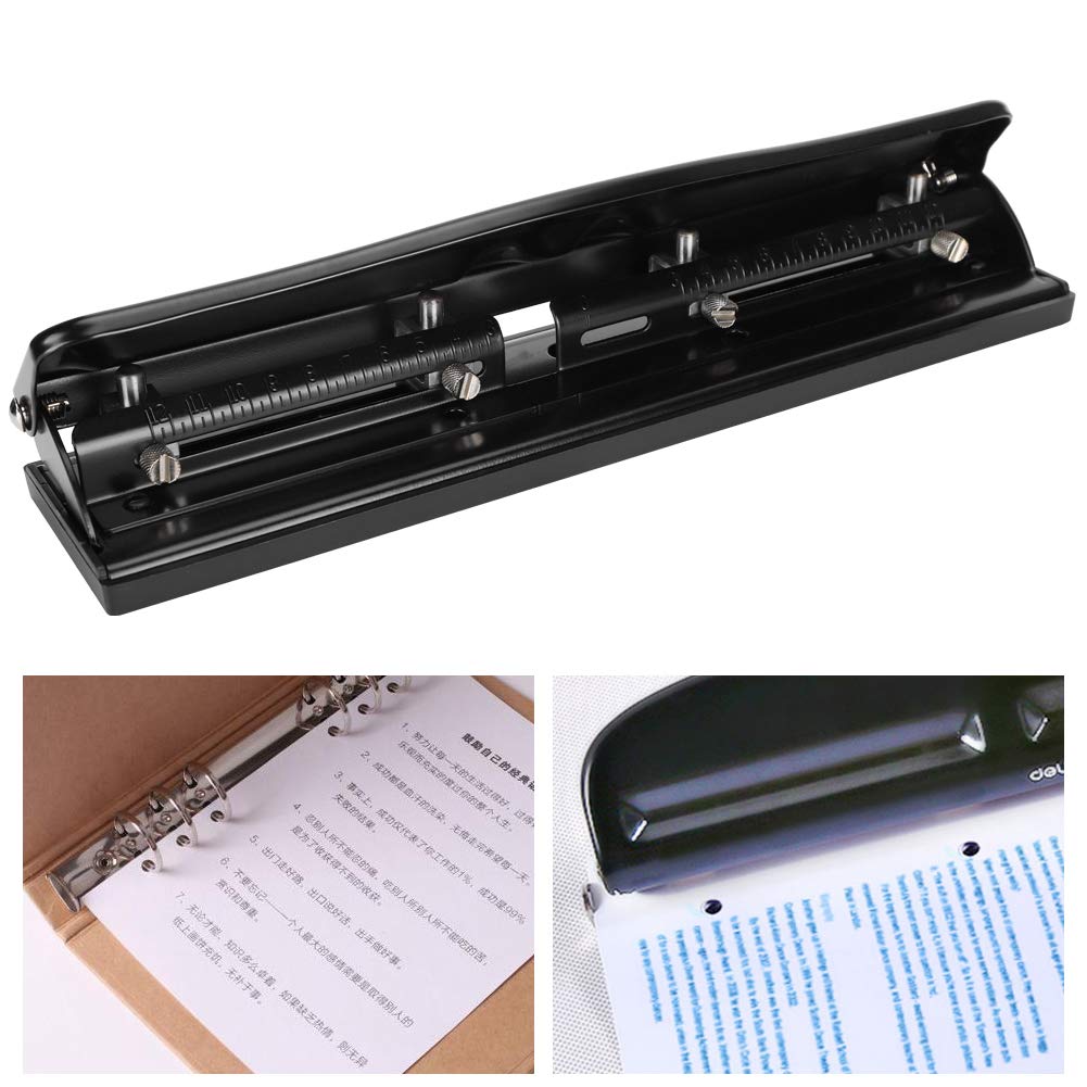 Desktop Hole Punch, 4 Hole Adjustable Paper Ring Puncher Metal A4 Refills Heavy Duty Squeeze Portable Punch 10 Sheet Capacity Low Force for Home School Office Studio Home Essential Supplies Black