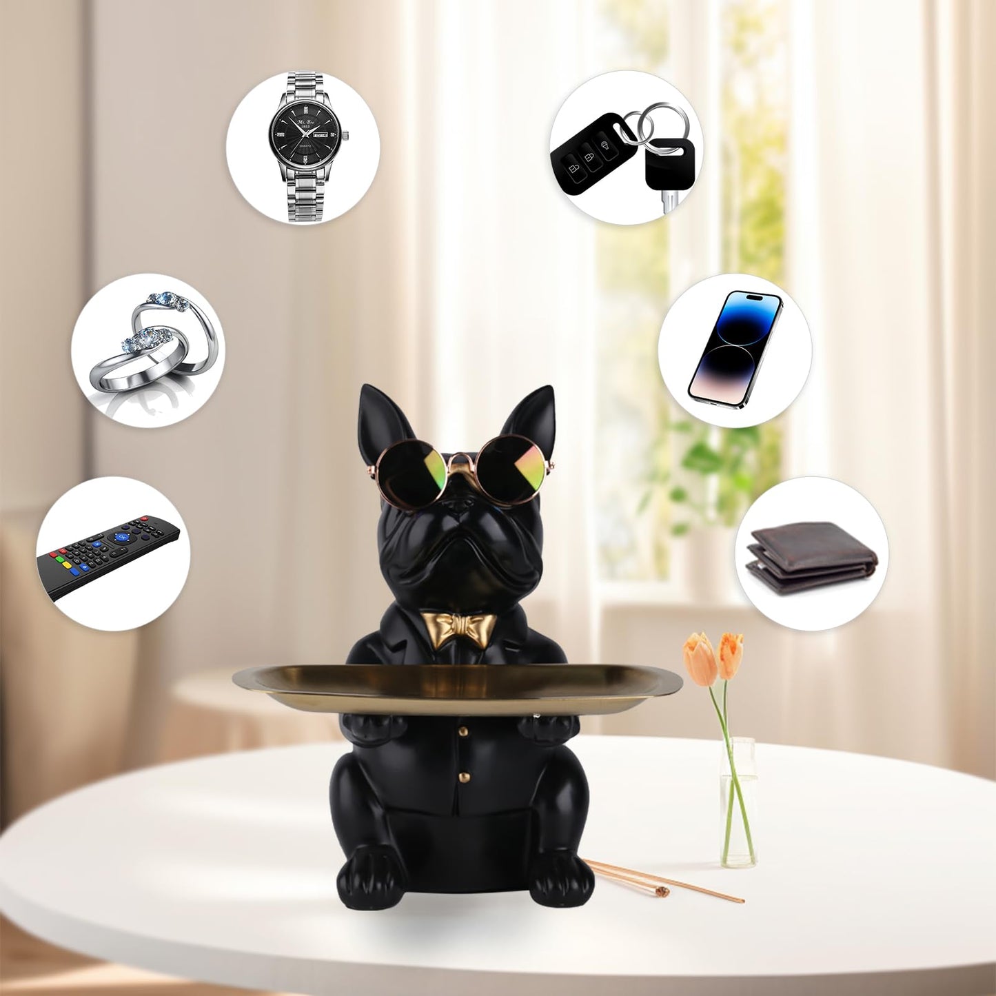 XYQXYQ French Bulldog Statue, Resin Dog Butler Decoration Storage Tray, Modern Home Decor Creative Cute Dog Storage Tank, Applicable for Storing Wallet, Key, Necklace, Candy(Black)