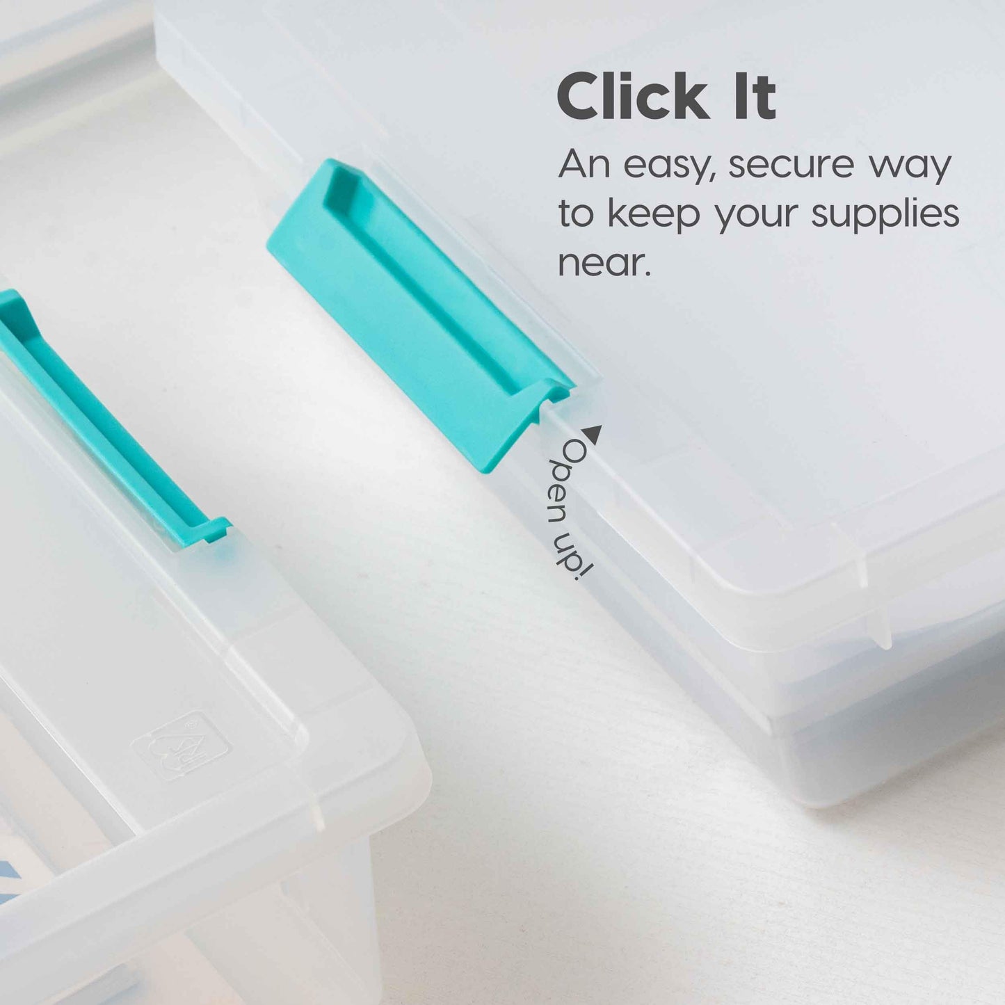 IRIS USA 5.7 L (6 US Qt) Large Clip Box, 4 Pack, Clear Plastic Storage Container Bins with Latching Lids, Organizing Container for Home, Office and School Supplies, Stackable, Seafoam Blue Buckles