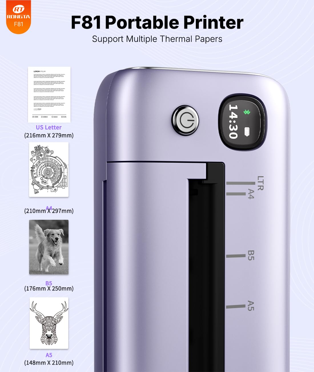 Rongta Portable Printer Wireless for Travel, Inkless Thermal Printer, Compatible with Android,iOS & Laptop, Small Bluetooth Mobile Printer for School/Office/Home Use (Purple)