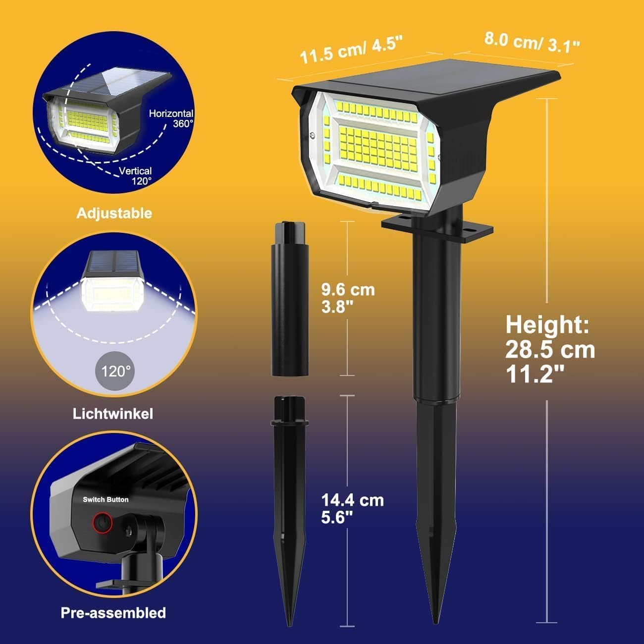 4 Pack Solar Spotlights Outdoor, 72 LED Solar Spot Lights Outdoor Waterproof, 3 Modes Solar Lights Outdoor Dusk-to-Dawn Solar Flood Lights for Garden Wall Yard Landscape Driveway Pathway, Warm White