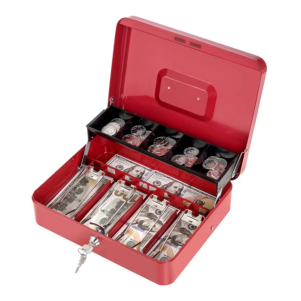 Cash Box with Lock and Money Tray Metal Money Box for Cash Large Lock Box for Money Tiered 11.8 x 9.4 x 3.54 Inches Red