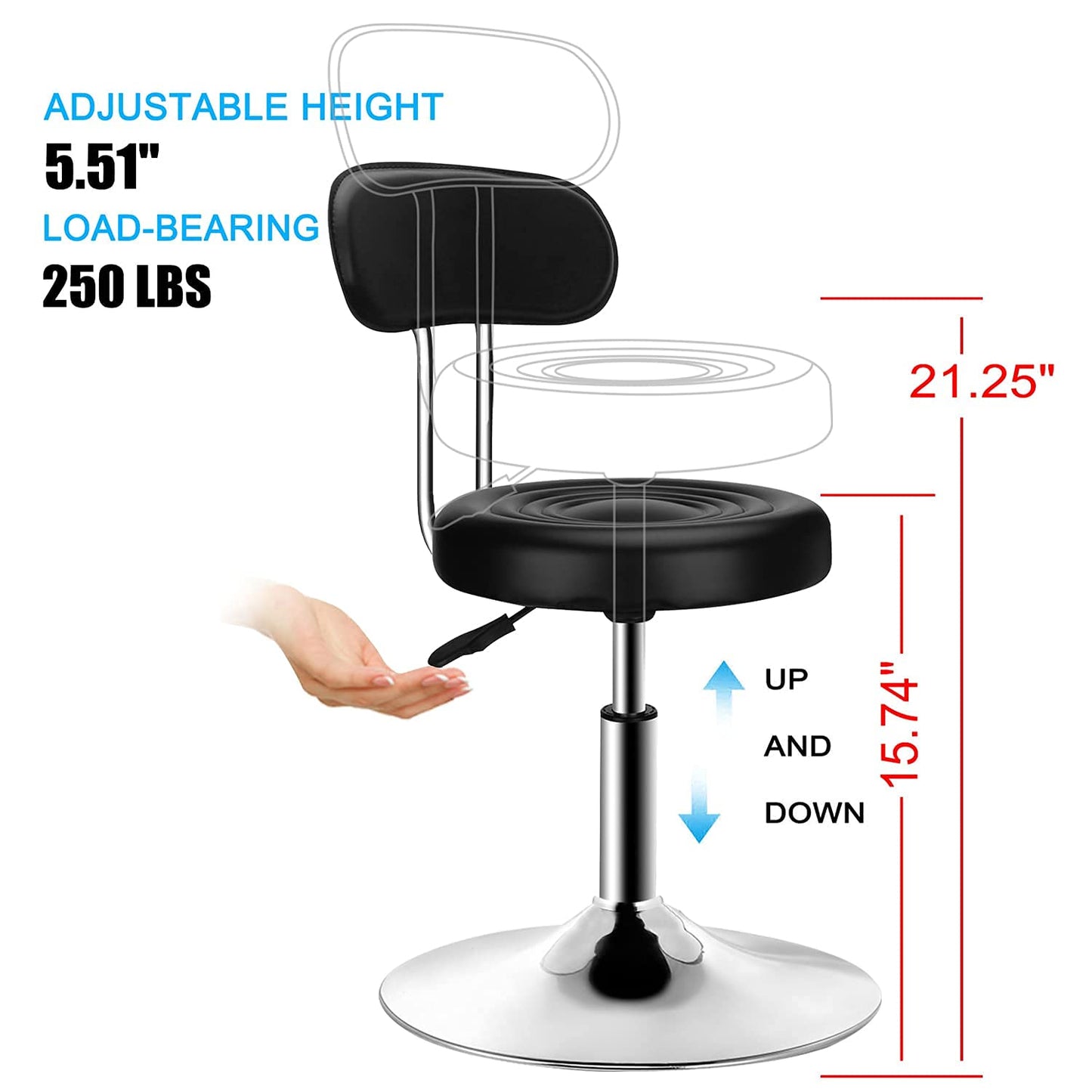 PenghaiYunfei Round Bar Stool Kitchen Stools with Backs Backrest Adjustable Height PU Leather Adjustable Rotating Drawing Work SPA Medical Salon Stool Chair Home kitchen Office Stool Drum stool(Black)
