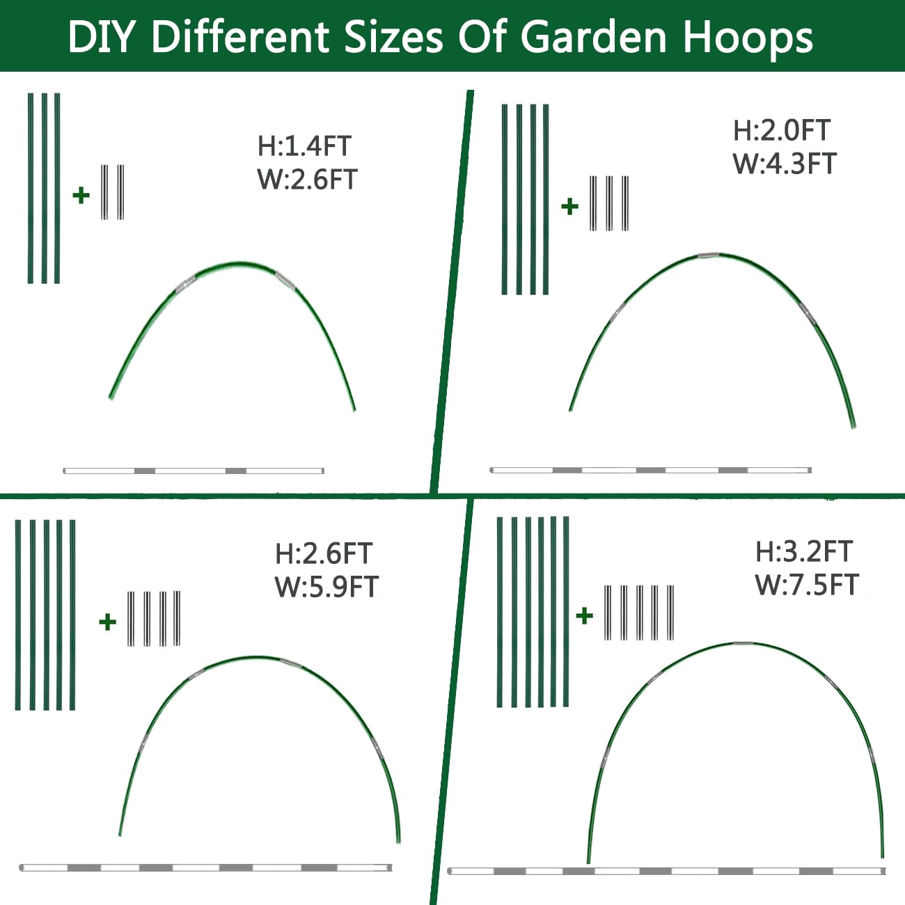 60 PCS Greenhouse Hoops Grow Tunnel, 10 Sets of 8FT Long Garden Hoops, DIY Width Grow Tunnel for Raised Beds, Fiberglass Garden Hoops Kit, Rust-Free Garden Tunnel for Garden Fabric,Garden Hoops