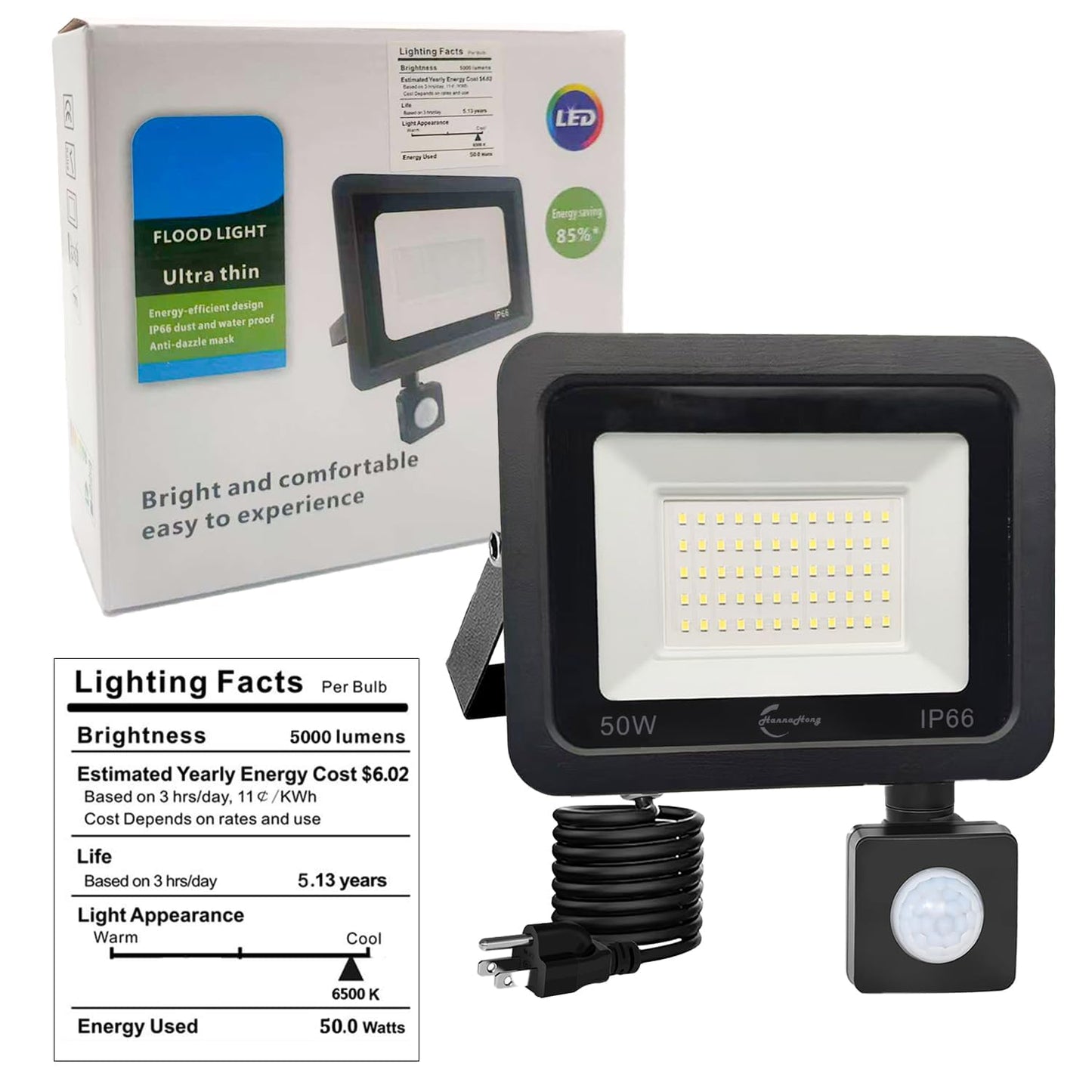 HANNAHONG 50W LED Motion Sensor Flood Lights with Plug in, PIR Slim Design Lamp,6500K Daylight, Outdoor IP66 Waterproof,Auto ON/Off Intelligent Security,Work Light for Garage Yard Patio Pathway Porch