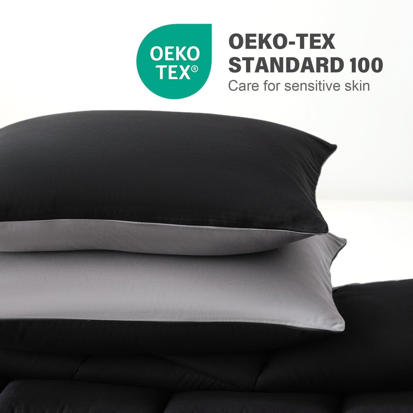 Decroom Lightweight Queen Comforter Set with 2 Pillow Sham - 3 Pieces Set - Quilted Down Alternative Comforter/Duvet Insert for All Season - Black/Grey - Queen Size
