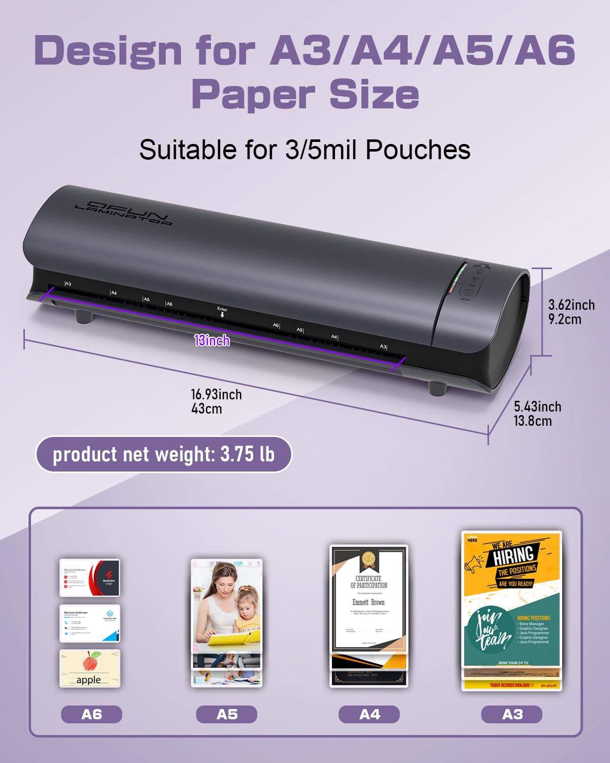 Laminator Machine with 30 Laminating Sheets, A3/A4/A5/A6 Laminating Machine 60s Warm-Up for Teacher Personal, 9 in 1 Cold Thermal Laminator No Jam, 13 Inch Laminate Machine for Home School Use