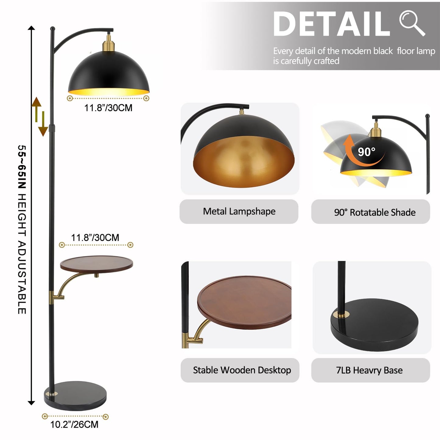 Industrial Dimmable Floor Lamp with Tray, Modern Arc Floor Standing Lamp with Table, Height Adjustable Corner Rustic Reading Lamps with Shelves for Bedroom Living Room Office (Black+Gold)