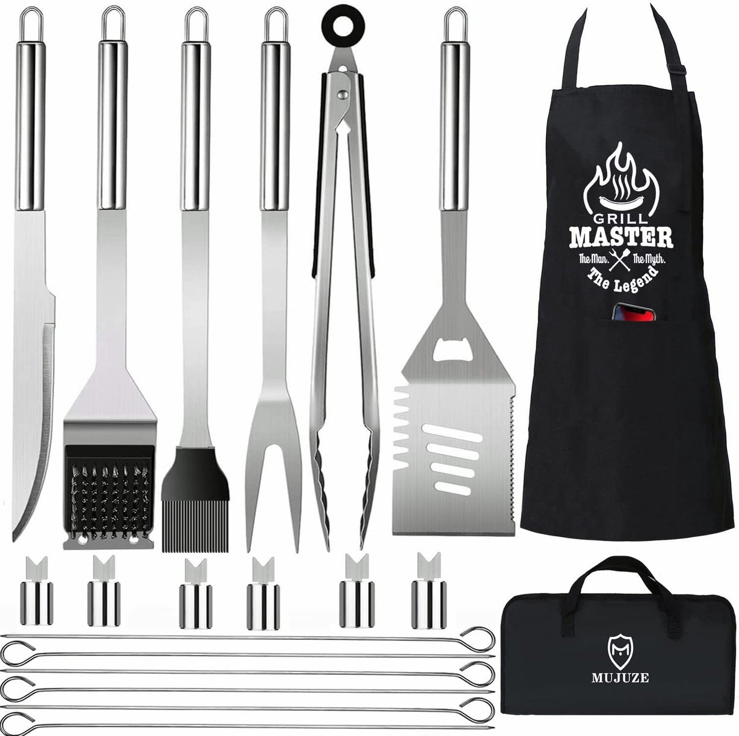 MUJUZE BBQ Accessories,20pcs BBQ Tools Set,Grilling Gifts for Men Dad Fathers Day,Stainless Steel BBQ Tools for Men with Apron,BBQ Utensil Set,Grill Tools Set for Outdoor,Camping,Backyard