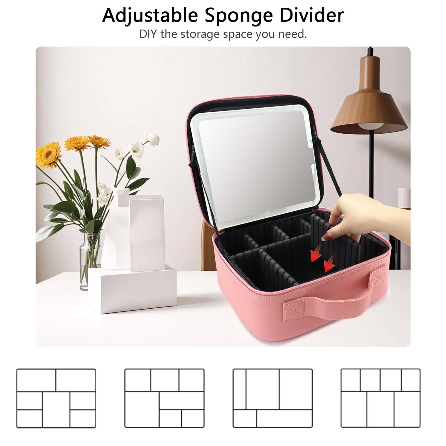 SLUMAZI Makeup Bag with LED Mirror Travel Makeup Organizer with 3 Lighted Settings, Adjustable Dividers and Makeup Brush Storage Bag Pink