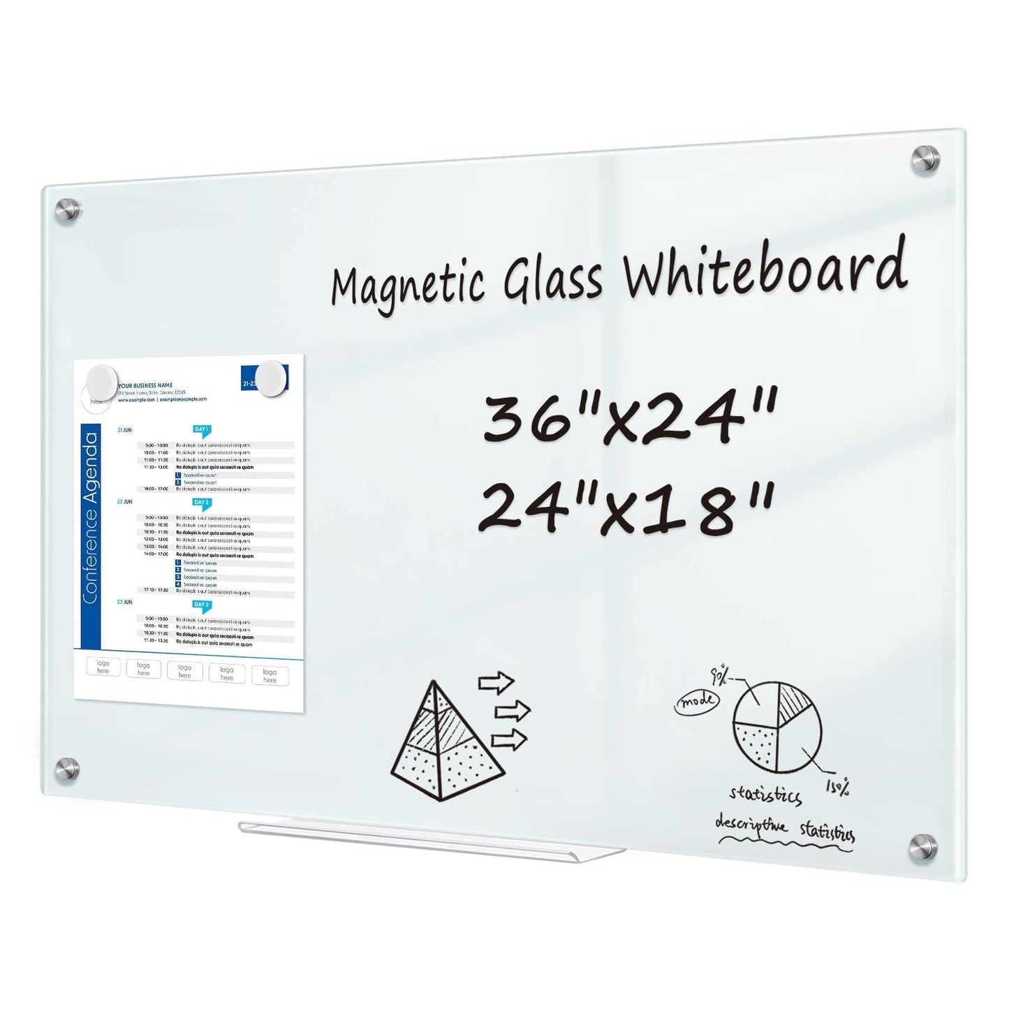 QUEENLINK Magnetic Glass Whiteboard, 24"X18" Dry Erase Board for Wall, Large Frameless Glass White Board with 1 Marker Tray and 6 Magnets for Office, Home, Classroom