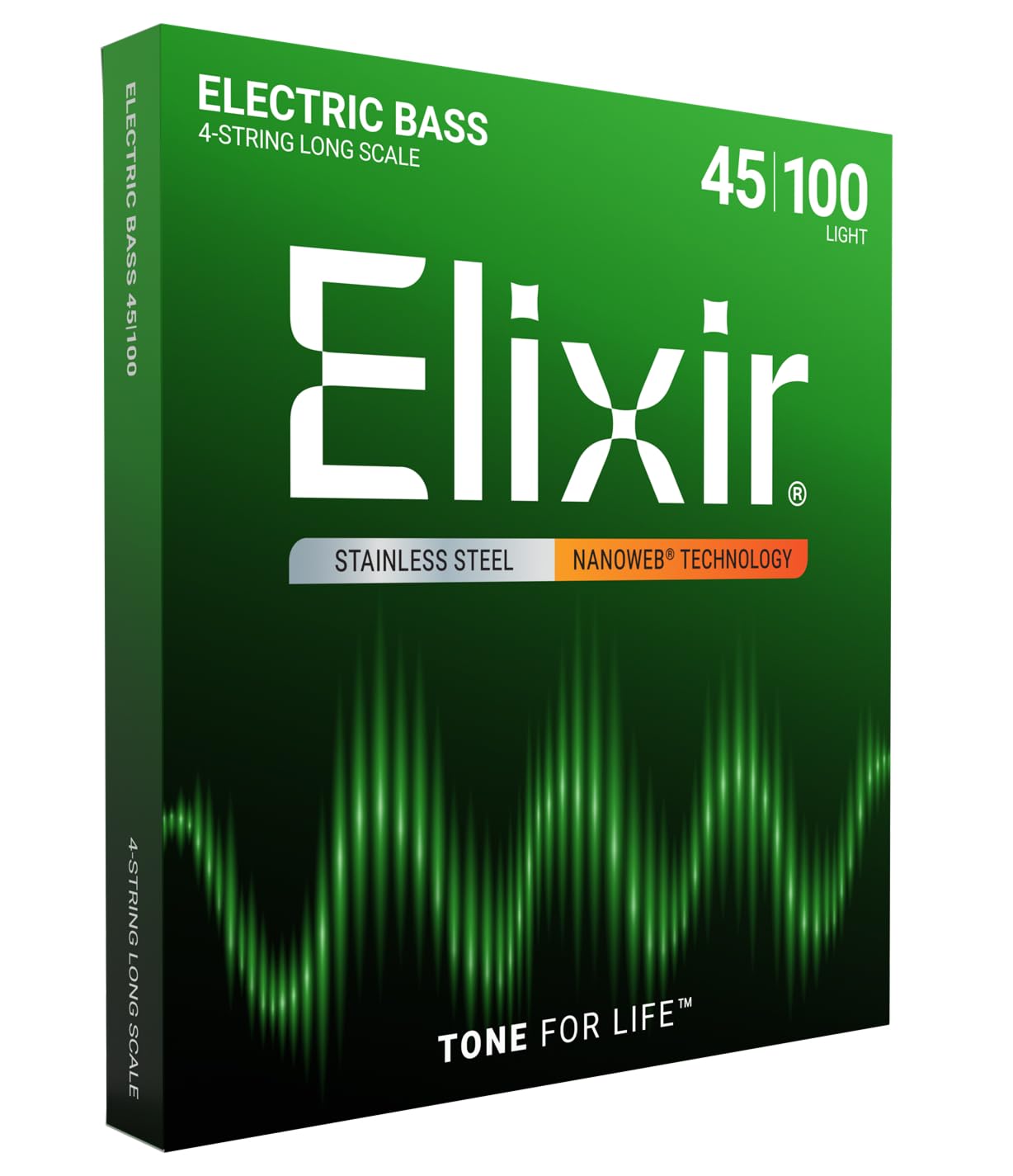 Elixir Strings, Electric Bass Guitar Strings, Stainless Steel with NANOWEB Technology, Longest-Lasting Bright Tone with Comfortable Feel, 4-String Set, Long Scale, Light 45-100