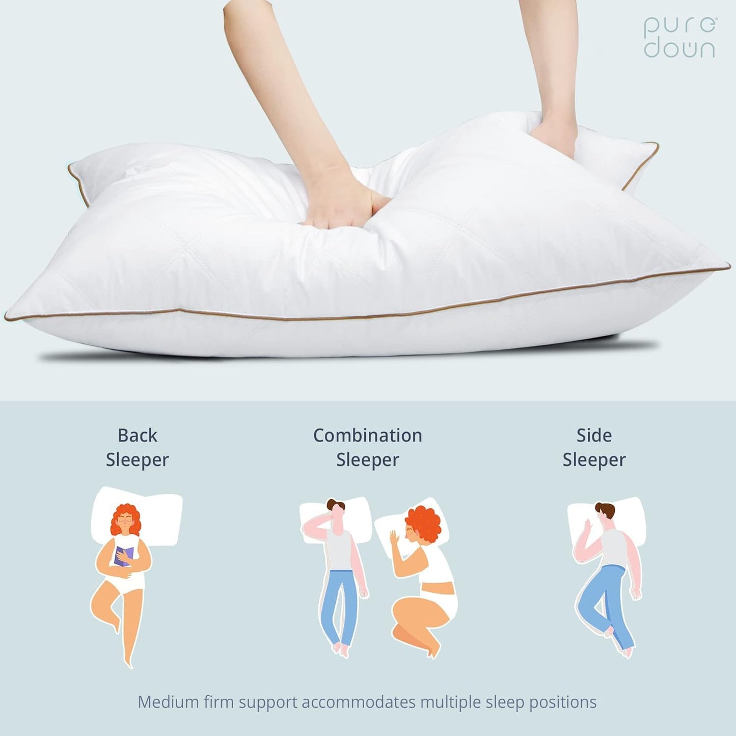 Puredown® Goose Feathers and Down Pillow with Diamond Quilting Breathable Downproof Cover, Pack of 2, King Size