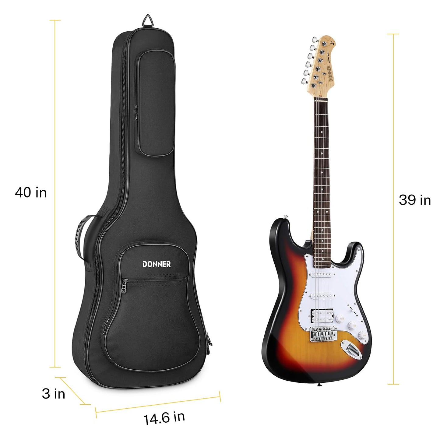 Donner 39 inch Electric Guitar Gig Bag, 0.4in Padded Sponge 600D Ripstop Waterproof Nylon Dustproof Soft Case for Home Storage Travel Carrying Backpack 3 Pockets Adjustable Strap Black