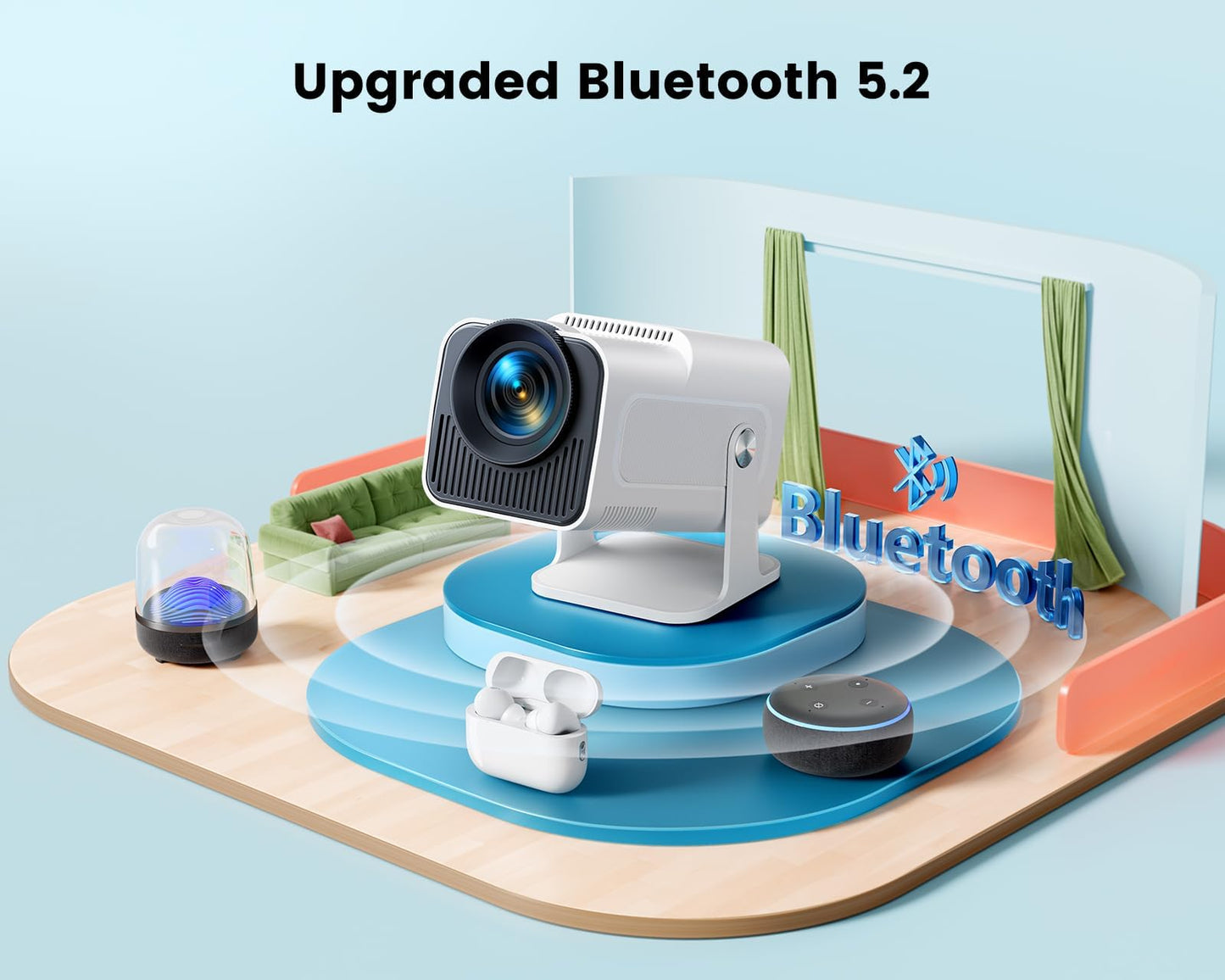【4K Supported】 Mini Projector 4K with WiFi6 and Bluetooth5.2, Native 1080P Mini Portable Projector with 270° Rotation, Home Movie Projector with 【Auto Keystone】 for HDMI, USB, TV Stick, PS5