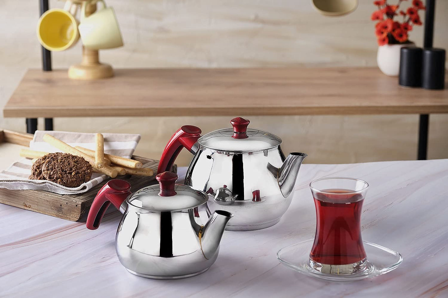 Turkish Teapot Set Stainless Steel Tea Maker for Stovetop | Double Tea Pot with Strainer | Samovar Style Tea Kettle Water Heater (Mini with Red Handles)